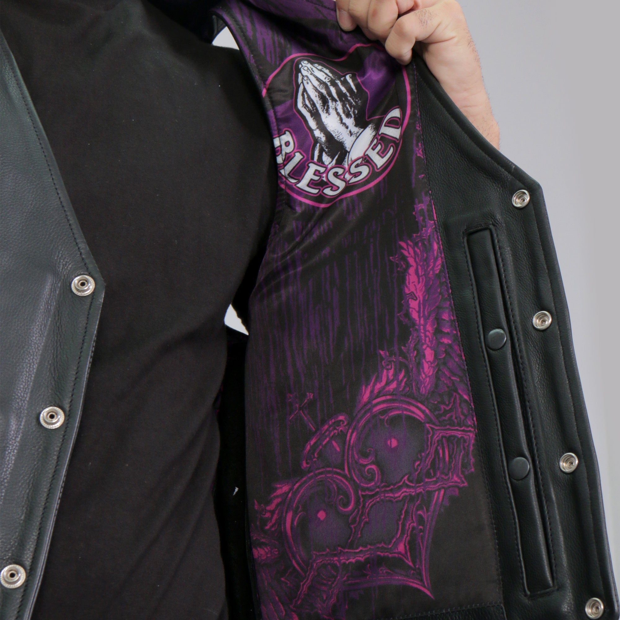 VSM1063 Men's Black 'Blessed' Motorcycle style Conceal and Carry Side Lace Leather Biker Vest