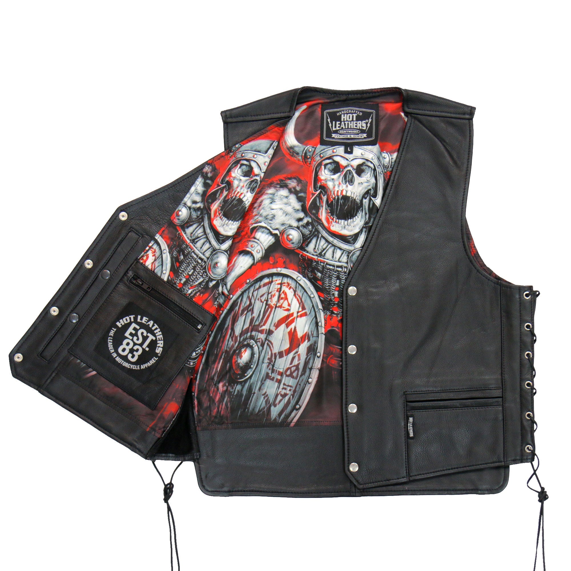 VSM1064 Men's Black 'Viking Warrior' Motorcycle style Conceal and Carry Side Lace Leather Biker Vest