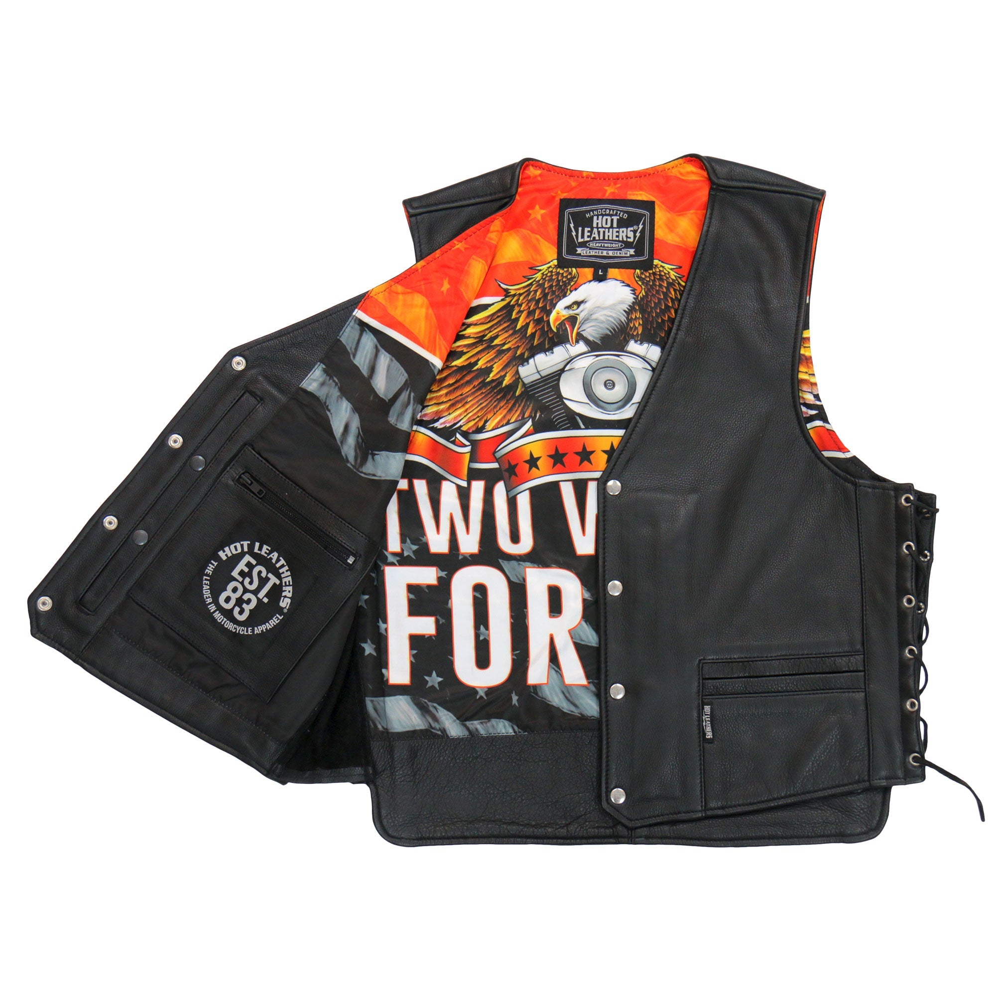 VSM1066 Men's Black 'V-Twin Eagle' Motorcycle style Conceal and Carry Side Lace Leather Biker Vest