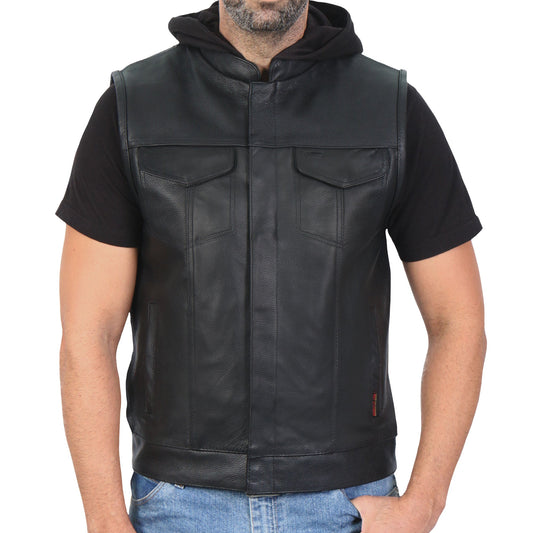 Leather Motorcycle Biker Club Vest with Hood