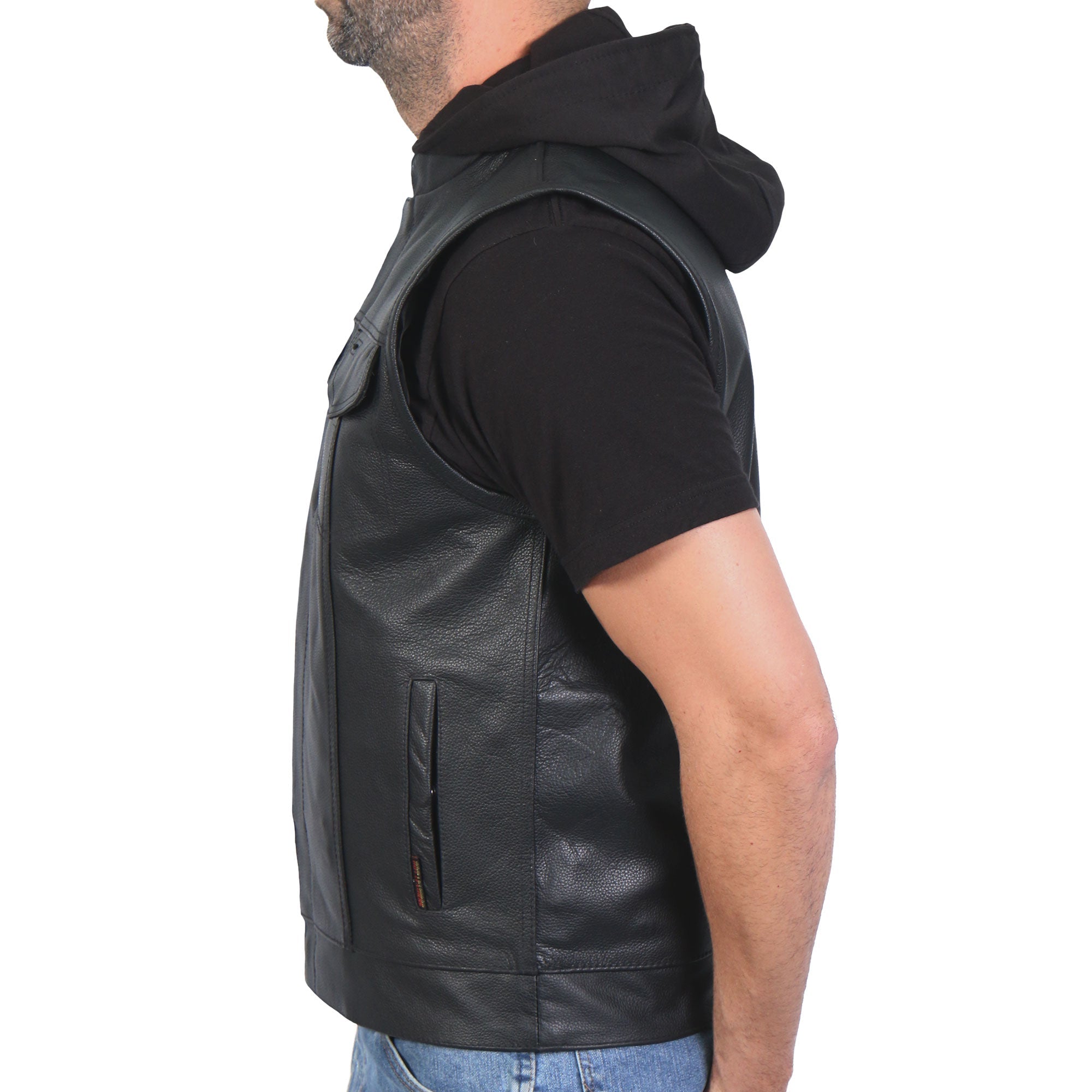 Leather Motorcycle Biker Club Vest with Hood
