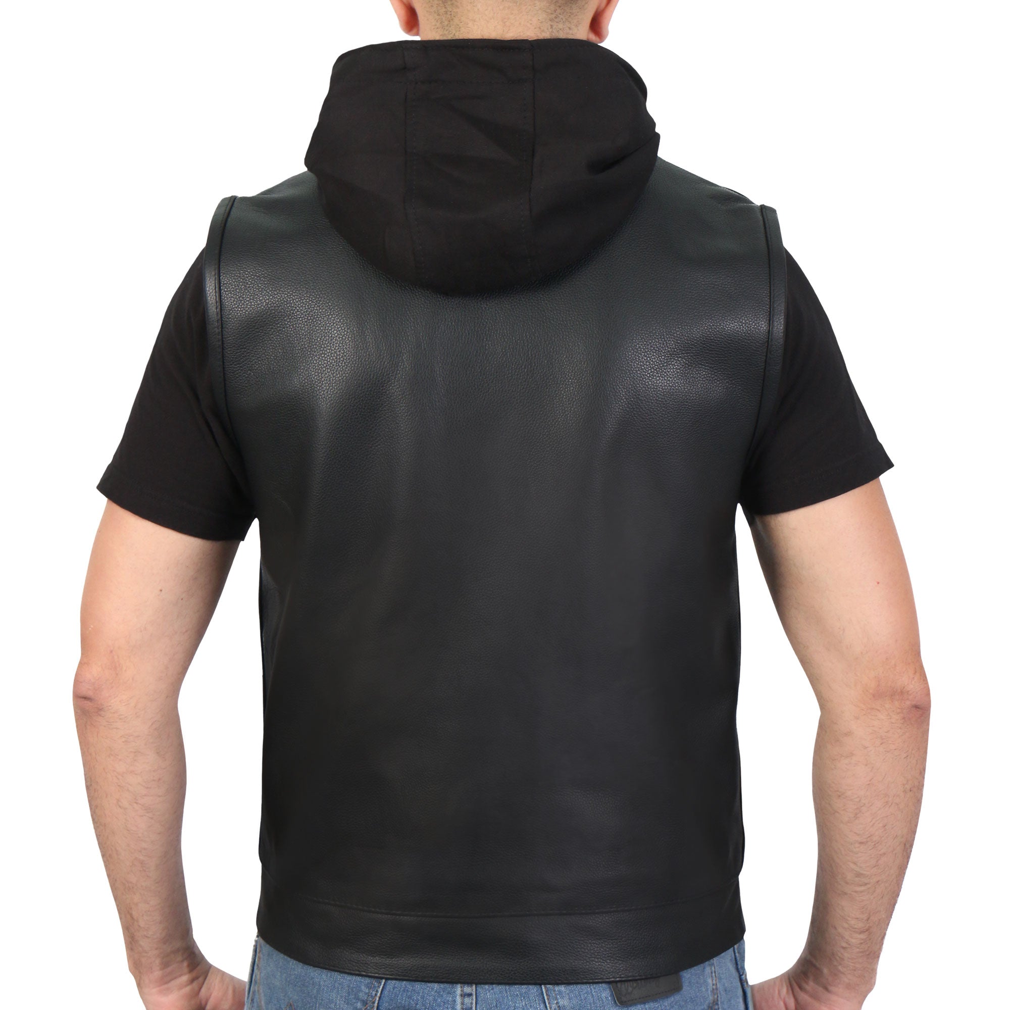 Leather Motorcycle Biker Club Vest with Hood