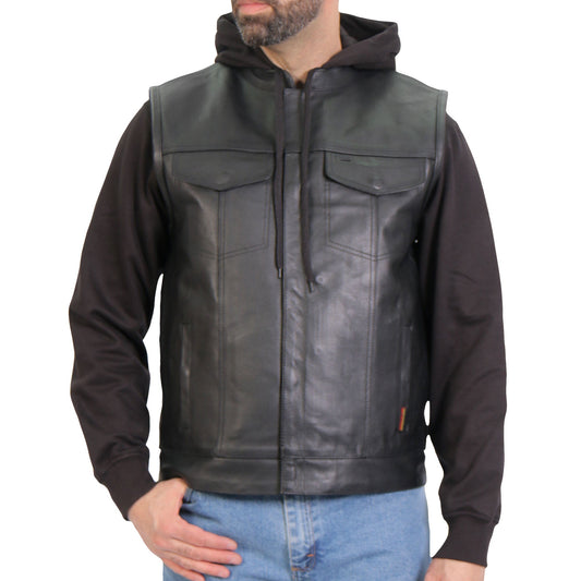 Men's Black '2-in-1' Conceal and Carry Leather Vest with Hoodie VSM1202