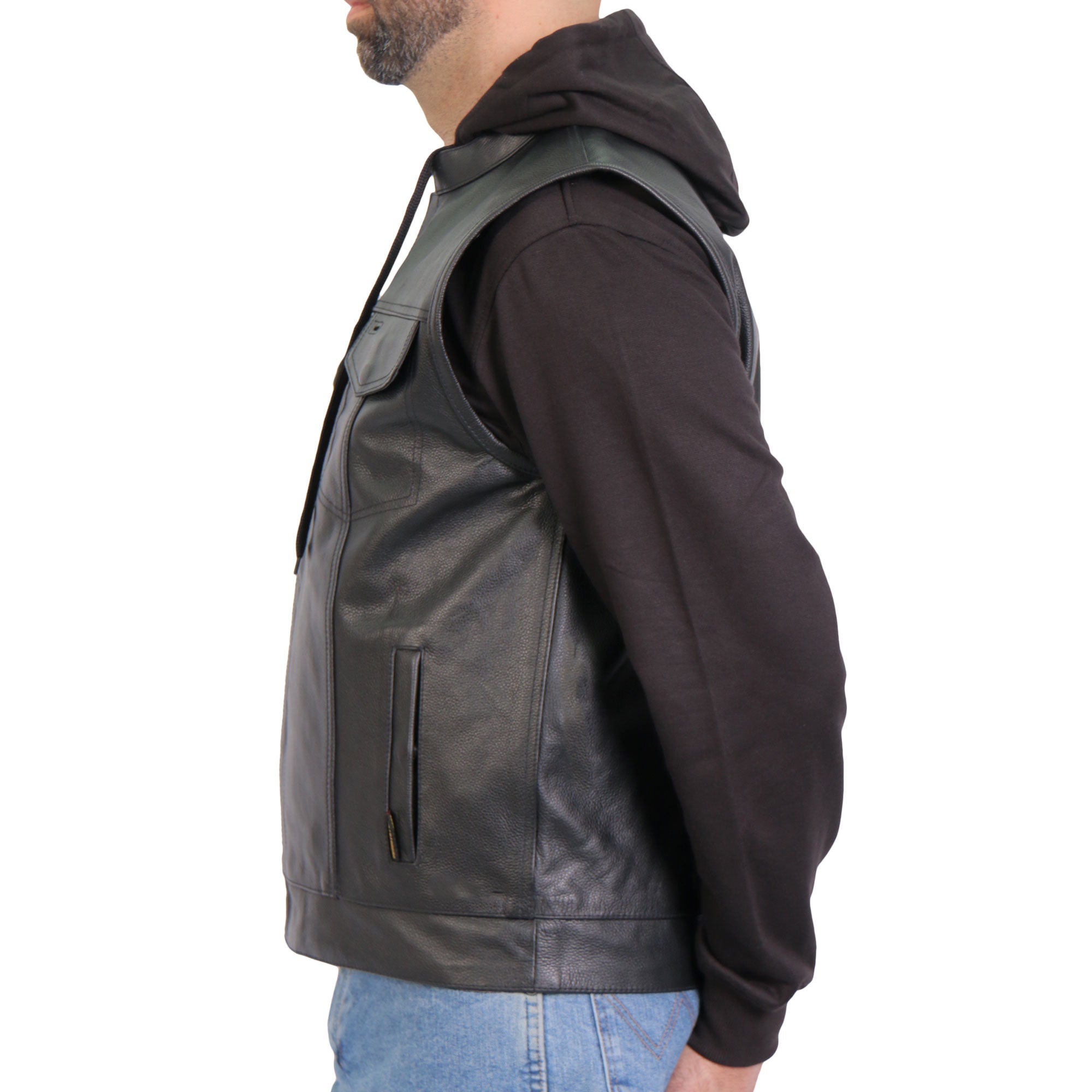 Men's Black '2-in-1' Conceal and Carry Leather Vest with Hoodie VSM1202