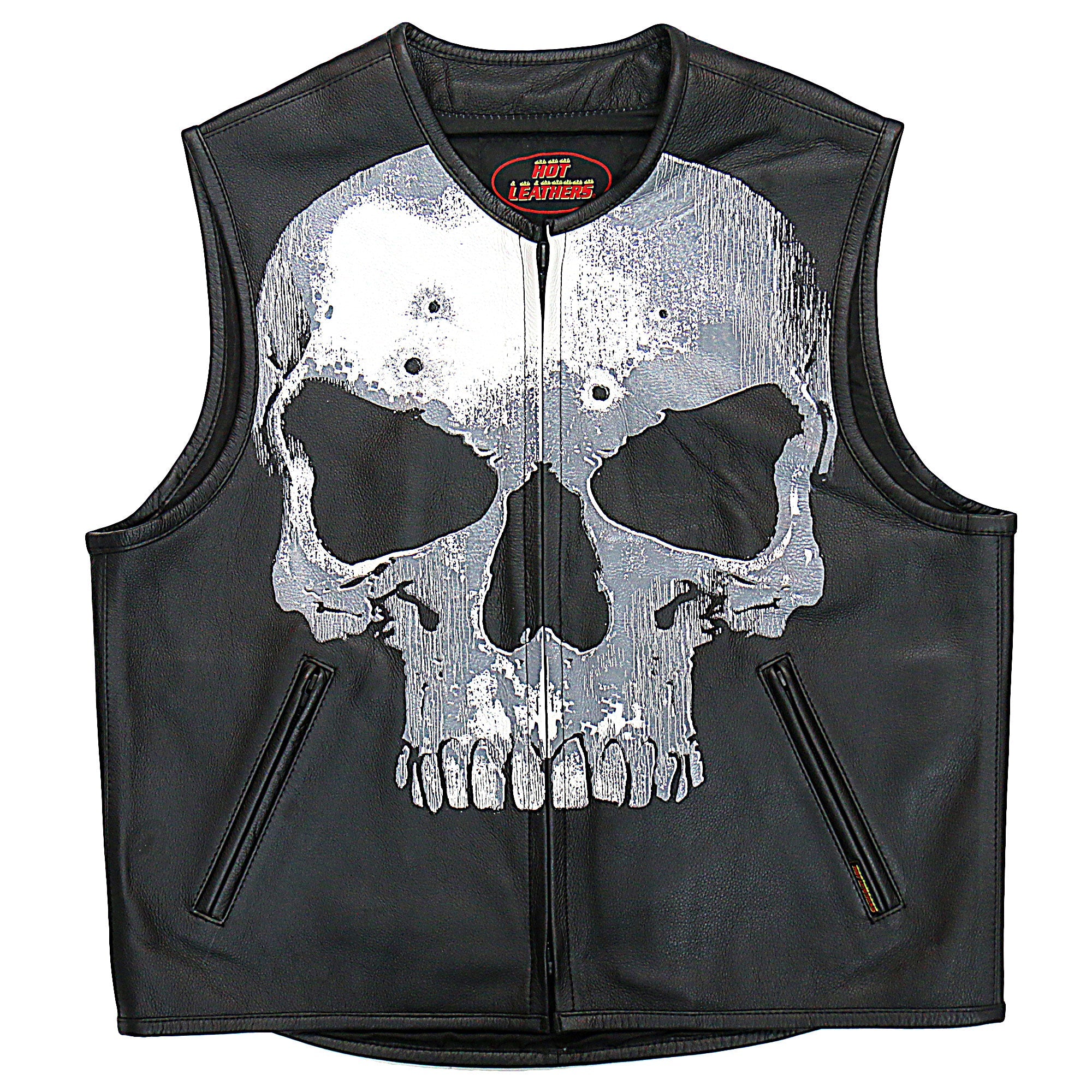VSM2001 Men's Black Motorcycle Club style ‘Jumbo Skull’ Conceal and Carry Leather Biker Vest