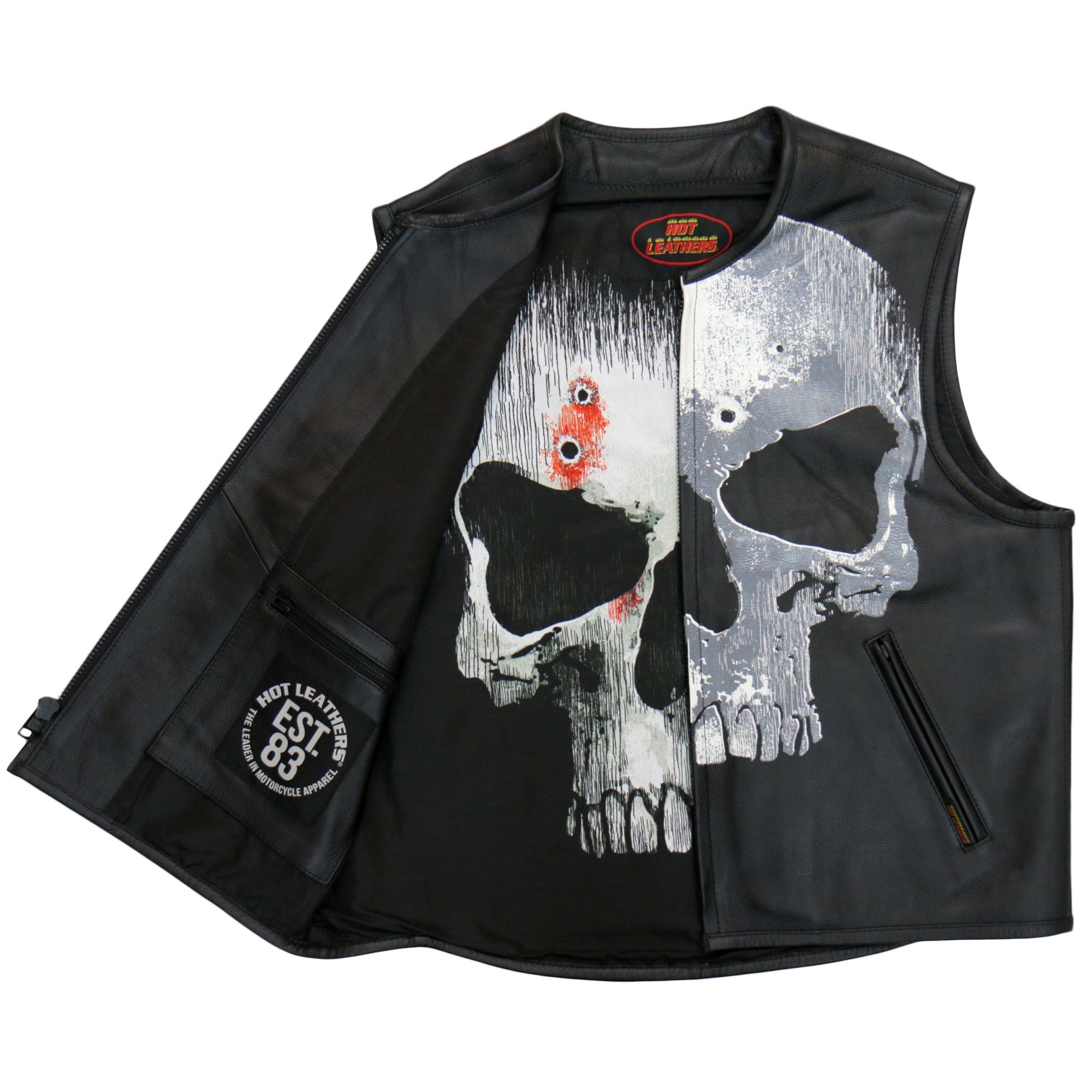 VSM2001 Men's Black Motorcycle Club style ‘Jumbo Skull’ Conceal and Carry Leather Biker Vest
