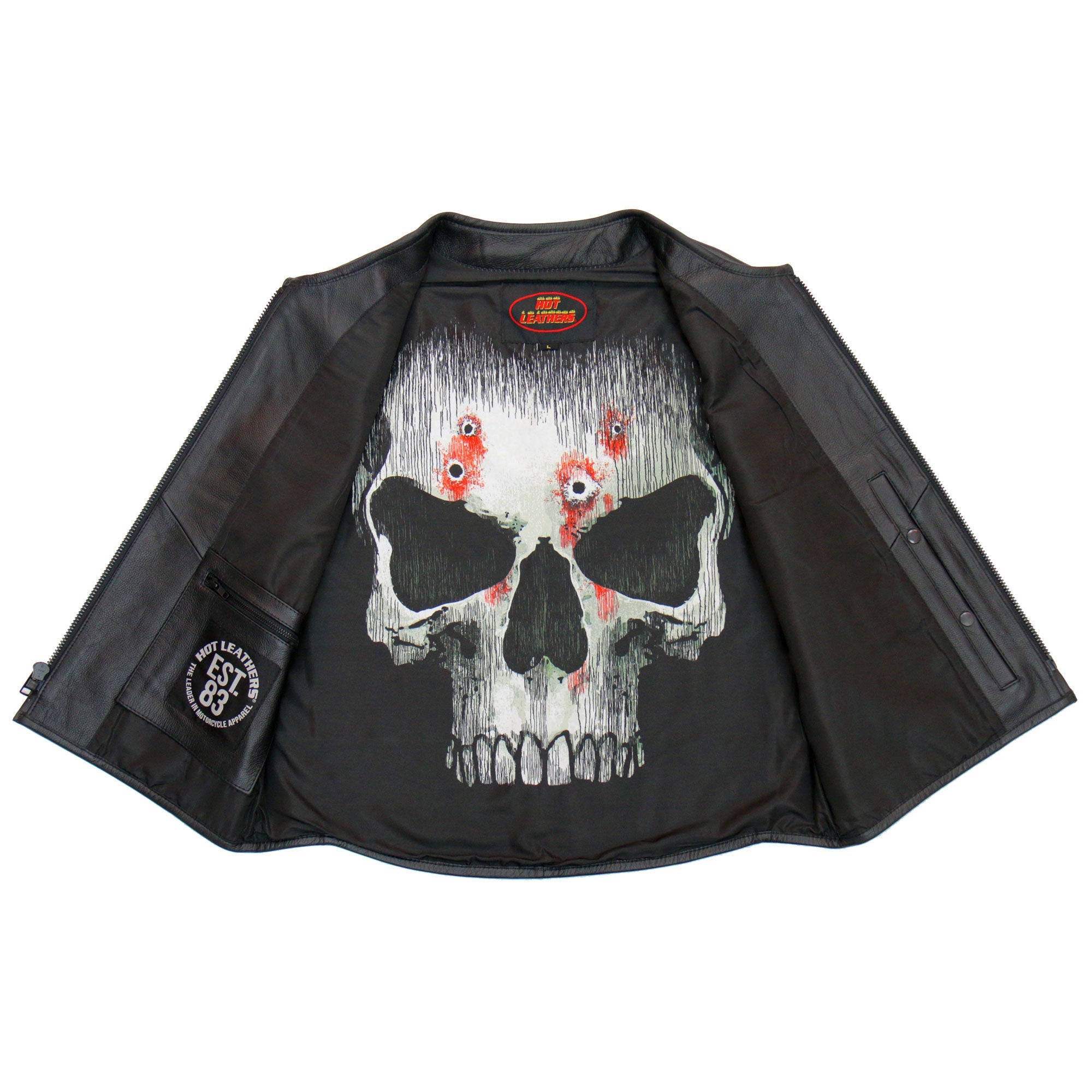 VSM2001 Men's Black Motorcycle Club style ‘Jumbo Skull’ Conceal and Carry Leather Biker Vest