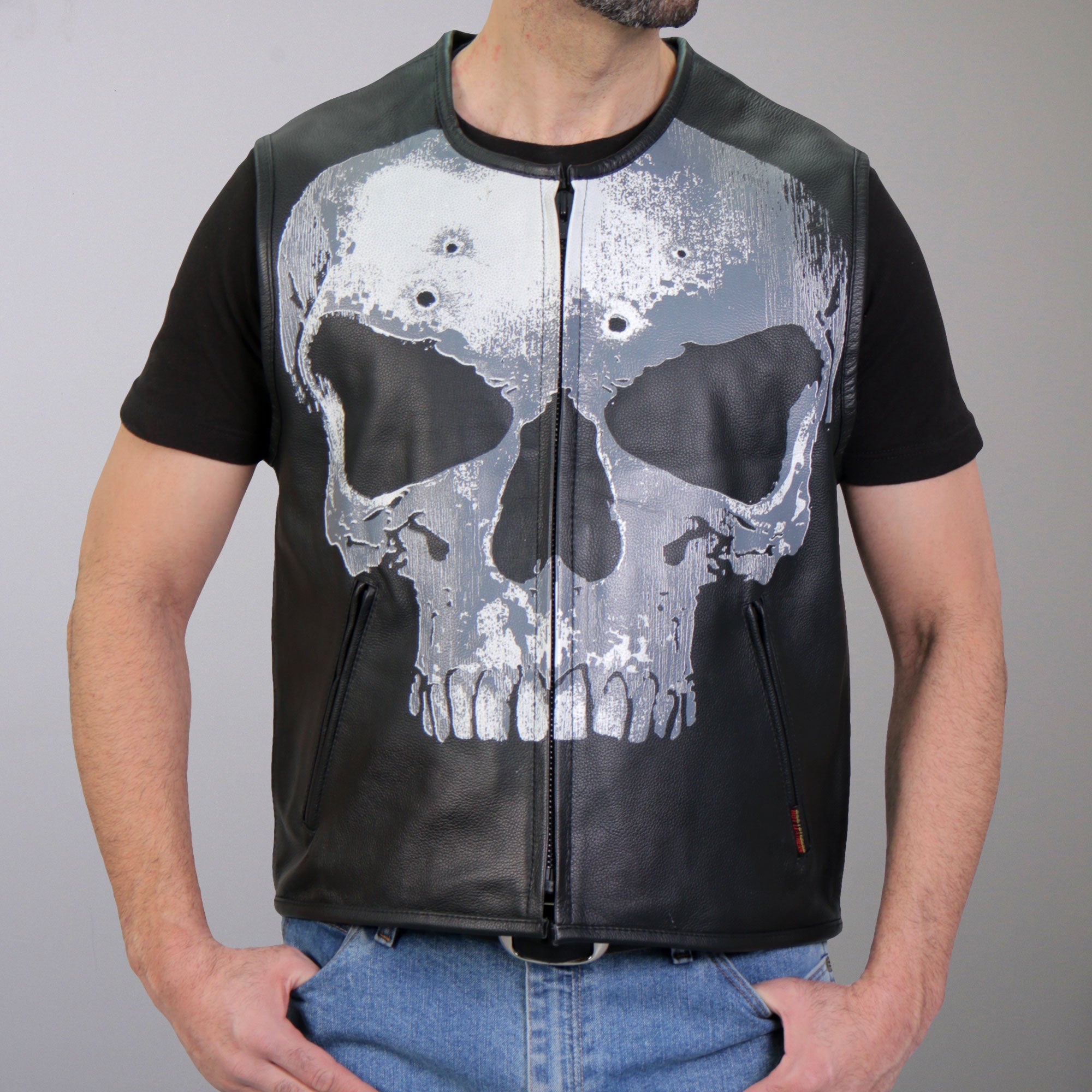VSM2001 Men's Black Motorcycle Club style ‘Jumbo Skull’ Conceal and Carry Leather Biker Vest