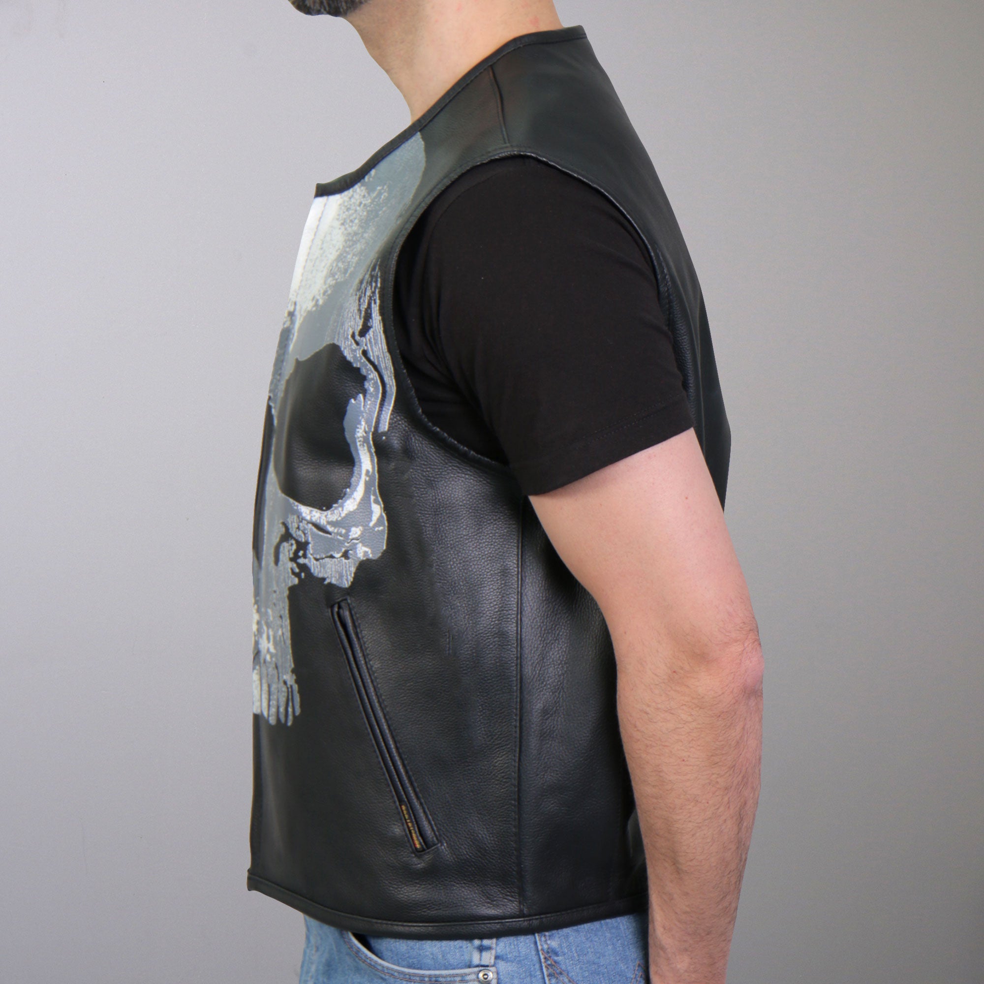 VSM2001 Men's Black Motorcycle Club style ‘Jumbo Skull’ Conceal and Carry Leather Biker Vest