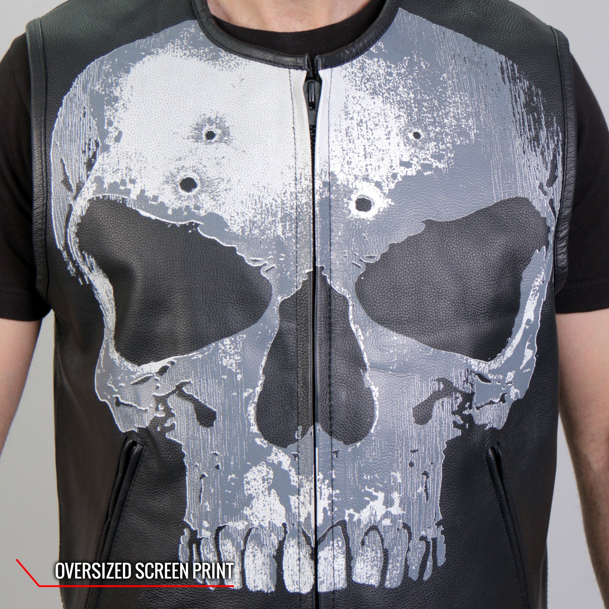 VSM2001 Men's Black Motorcycle Club style ‘Jumbo Skull’ Conceal and Carry Leather Biker Vest