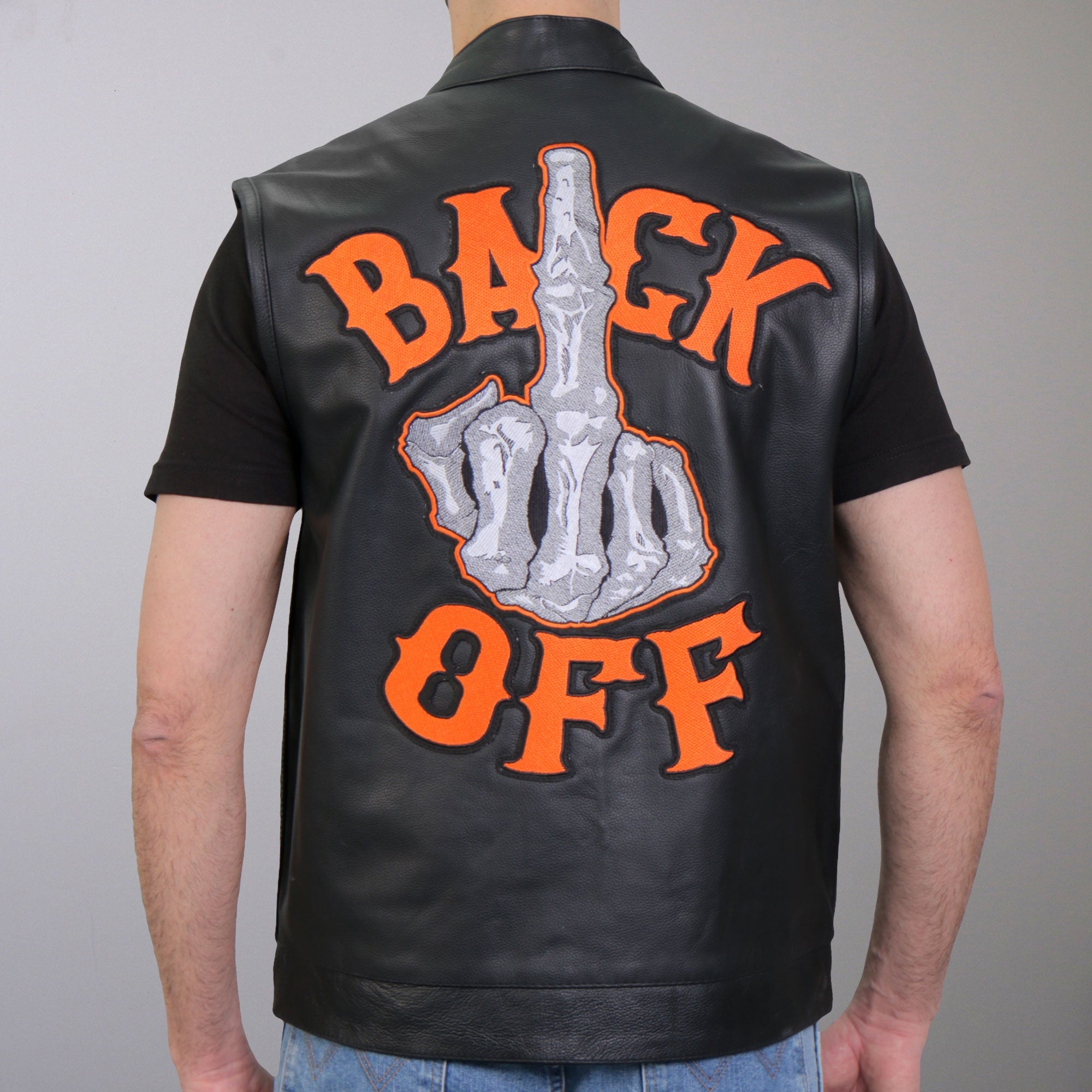 VSM2002 Men's Black 'Back Off Finger' Conceal and Carry Leather Vest