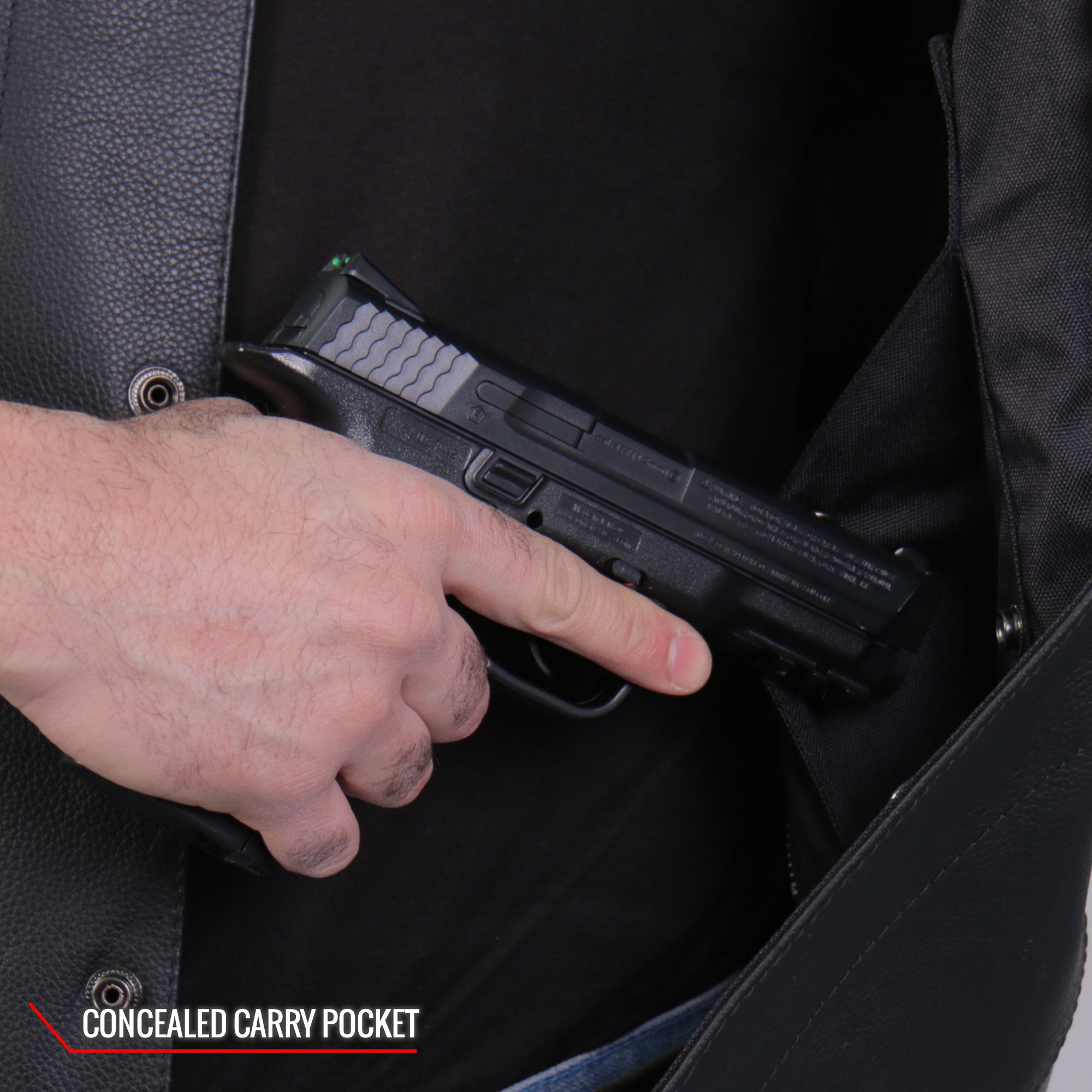 VSM2002 Men's Black 'Back Off Finger' Conceal and Carry Leather Vest