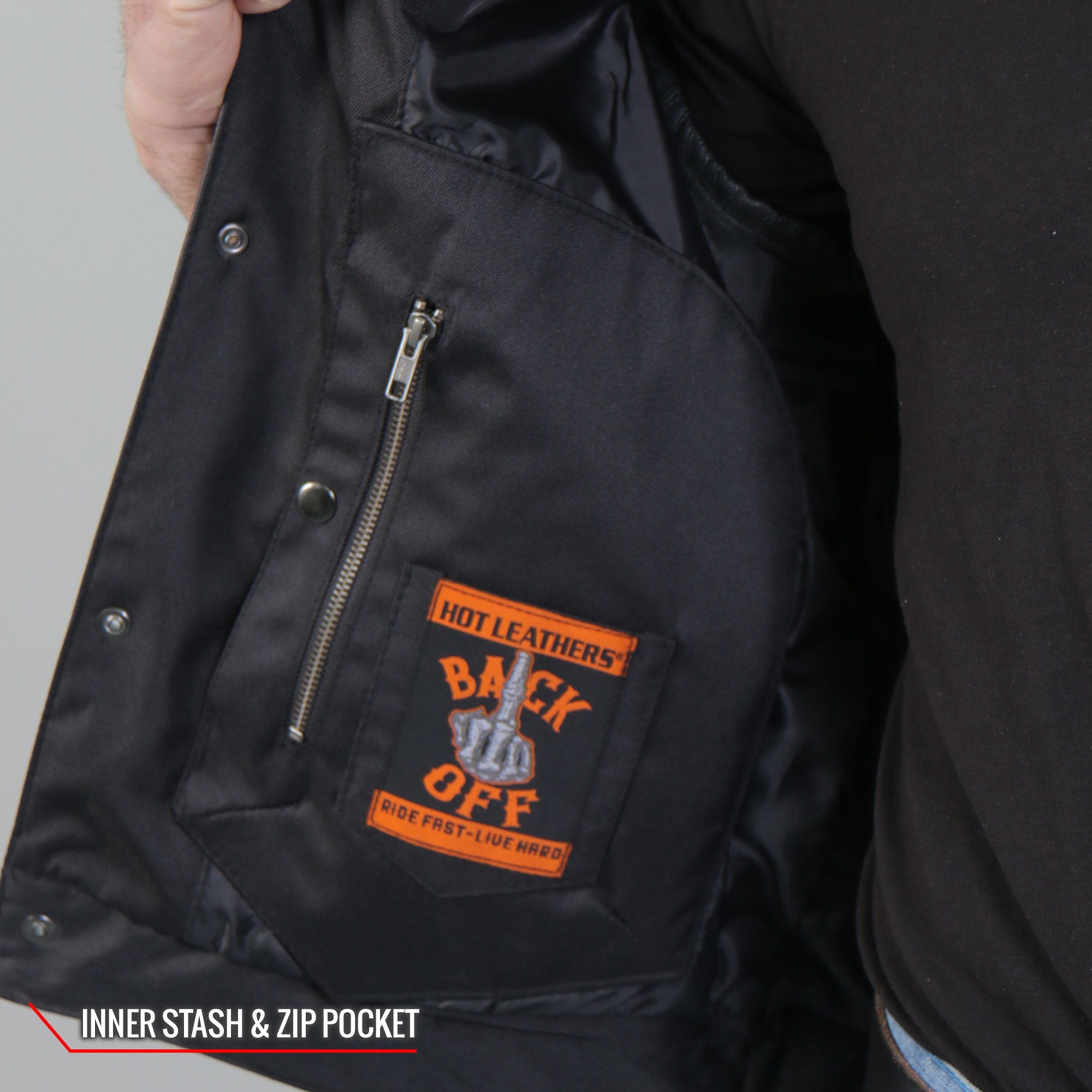 VSM2002 Men's Black 'Back Off Finger' Conceal and Carry Leather Vest