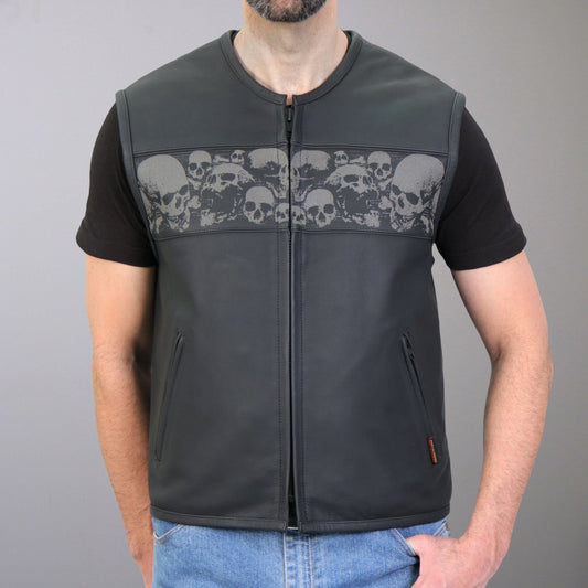 VSM2003 Men's Black 'Ancient Skulls' Motorcycle Club style Conceal and Carry Leather Biker Vest