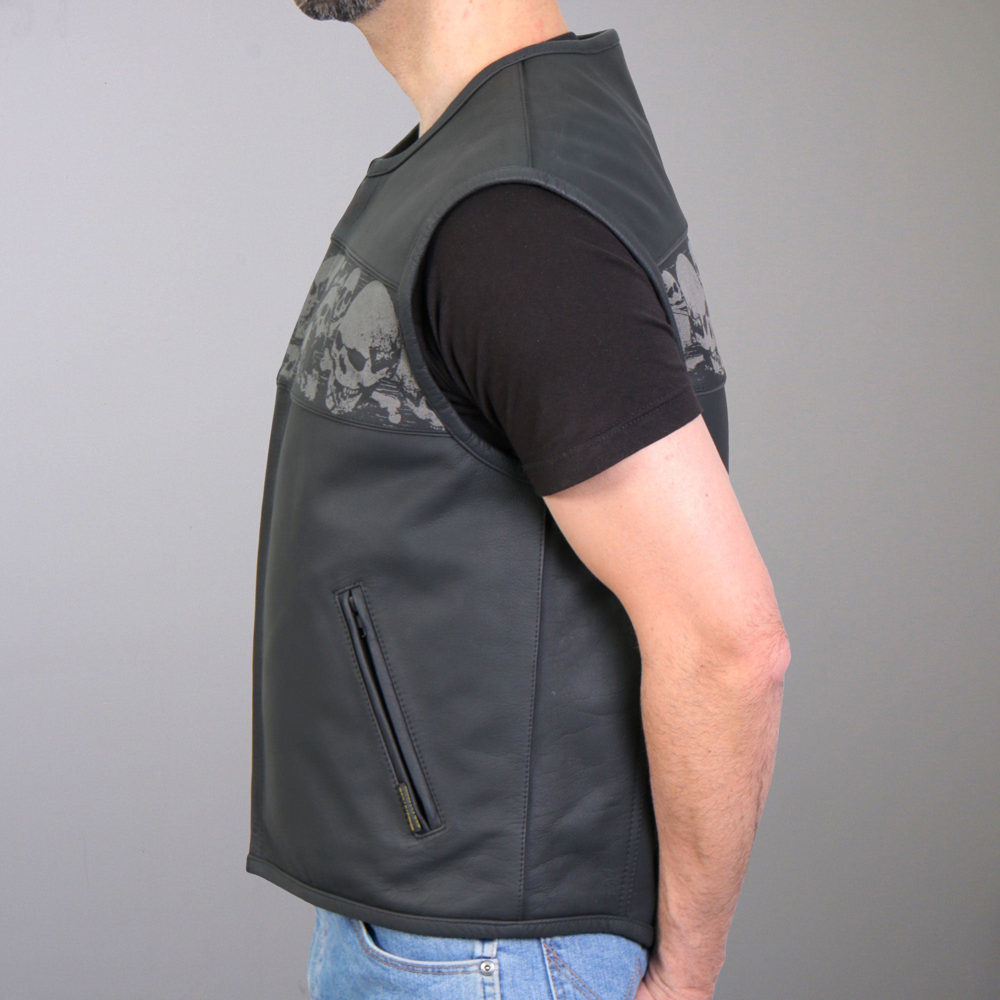 VSM2003 Men's Black 'Ancient Skulls' Motorcycle Club style Conceal and Carry Leather Biker Vest