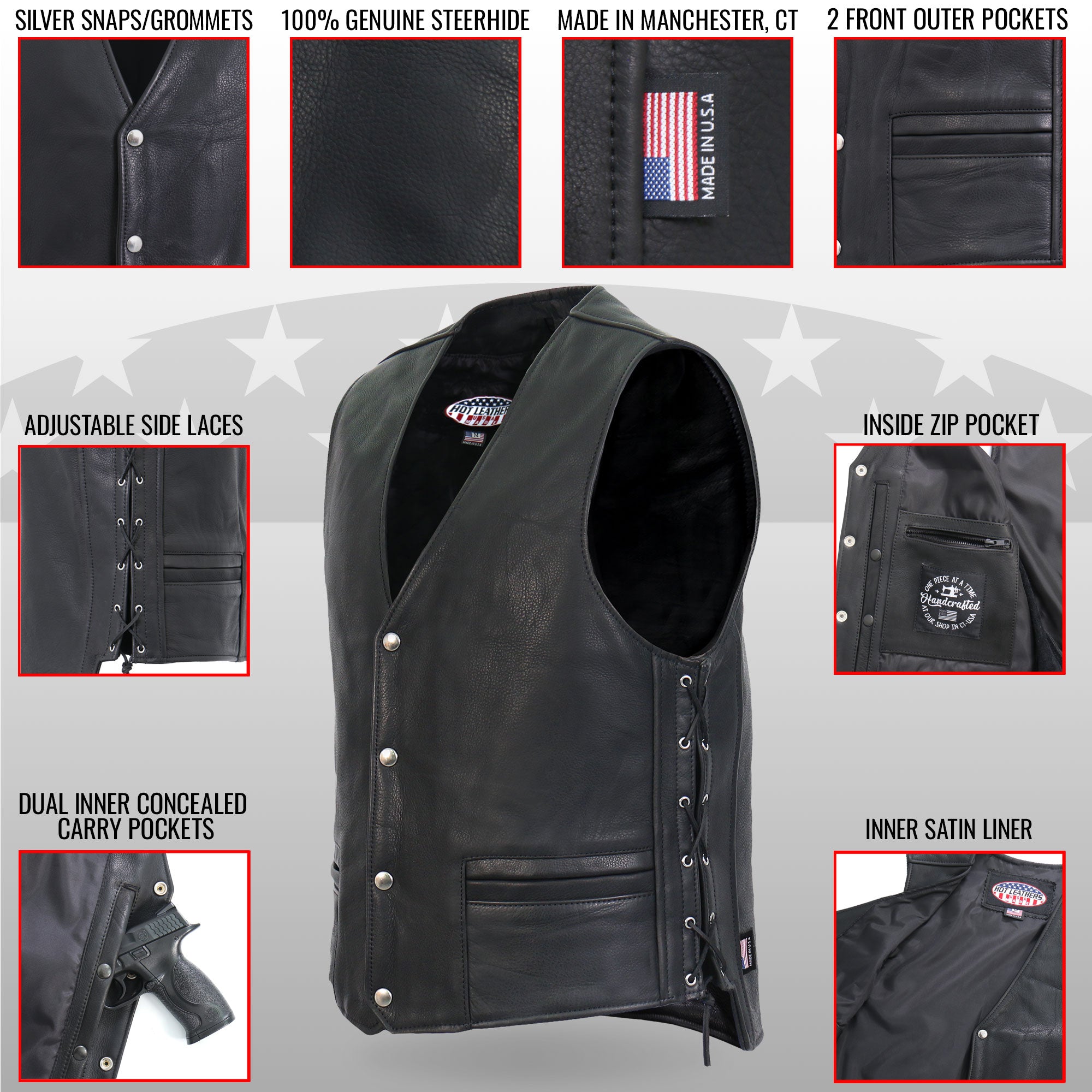 VSM5003 Men's USA Made Extra Long Back Premium Steerhide motorcycle biker Leather Vest