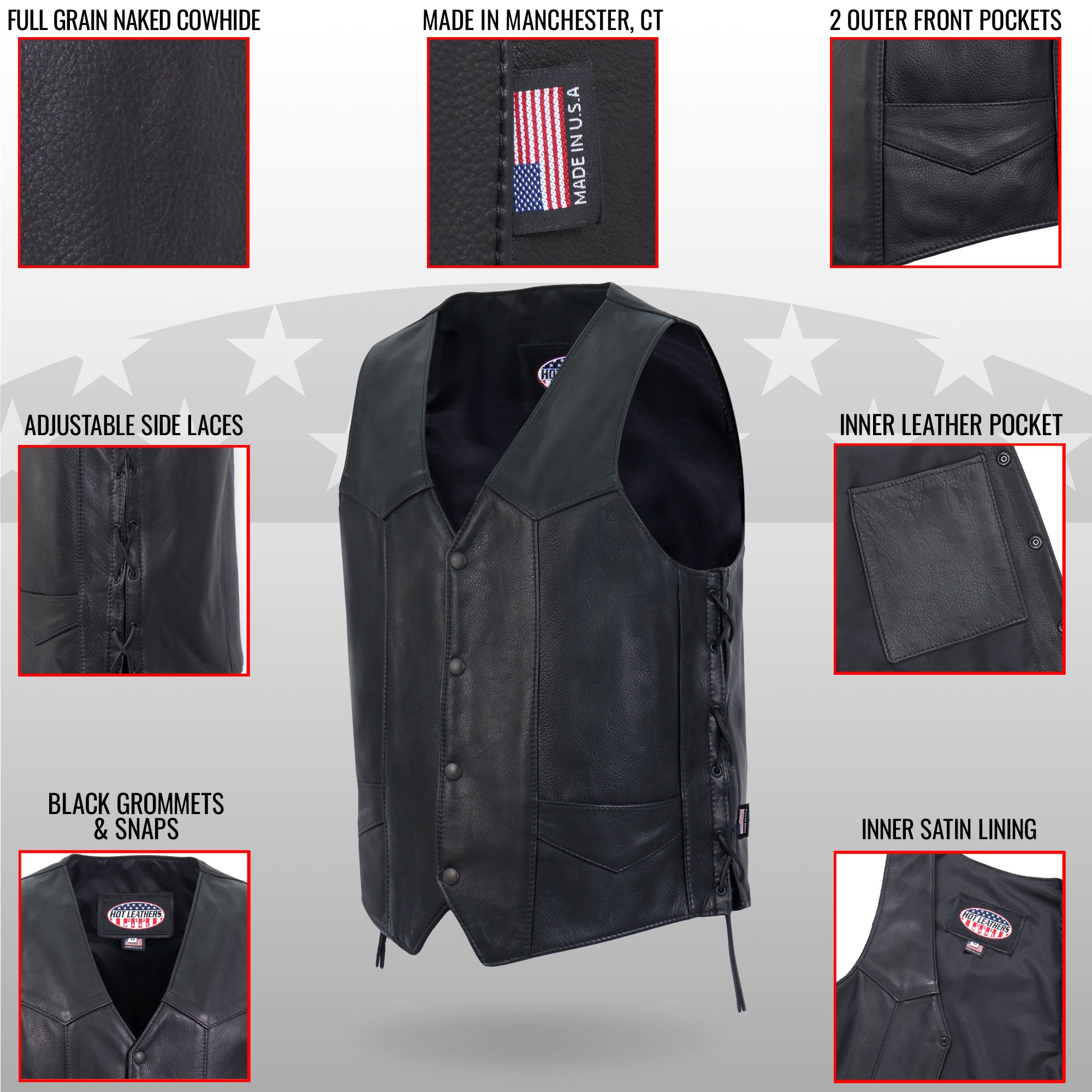 VSM5008 Men's USA Made Side Lace Premium Leather Motorcycle Biker Vest
