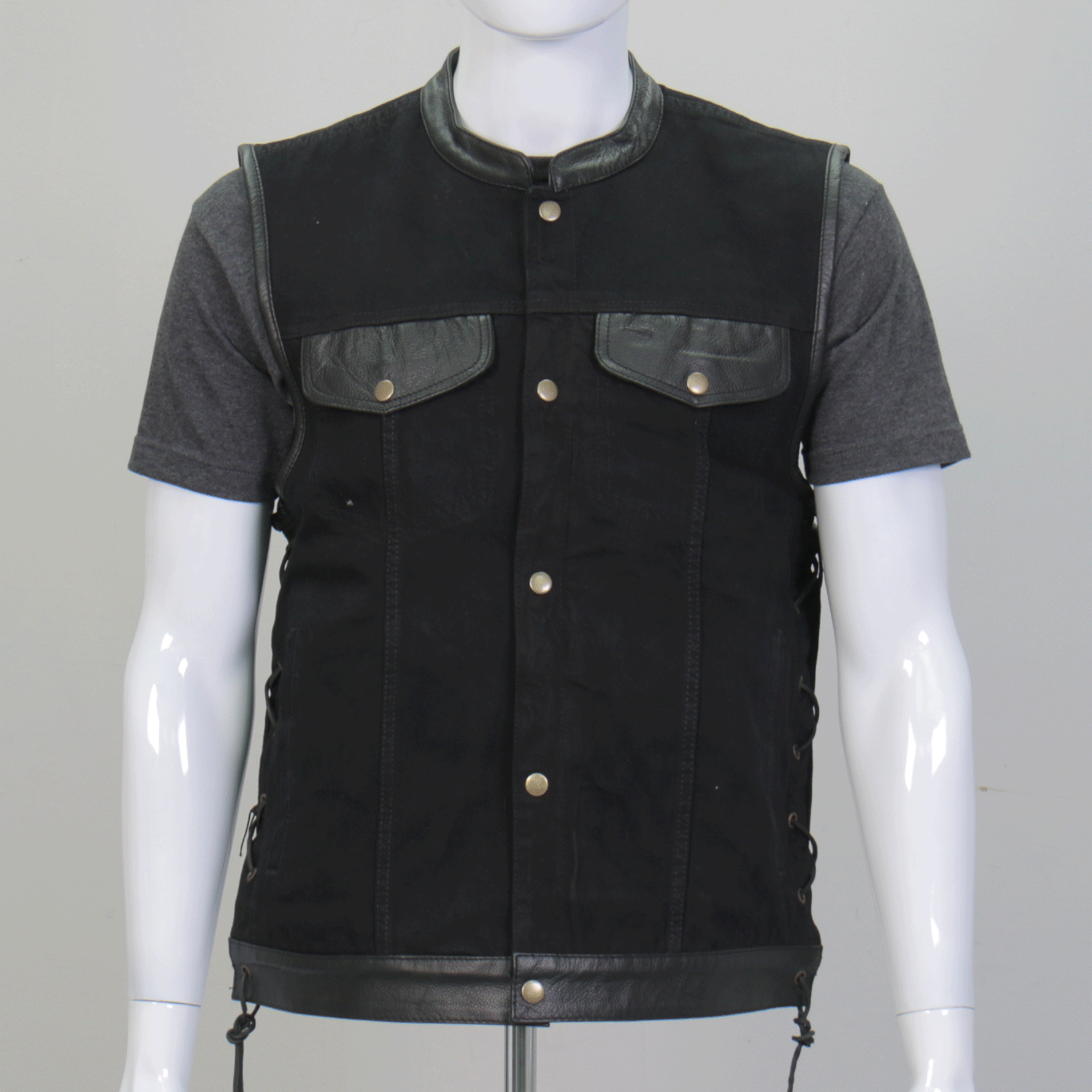 VSM6101 Men's Motorcycle Club style Carry Conceal Black Denim and Leather Biker Vest