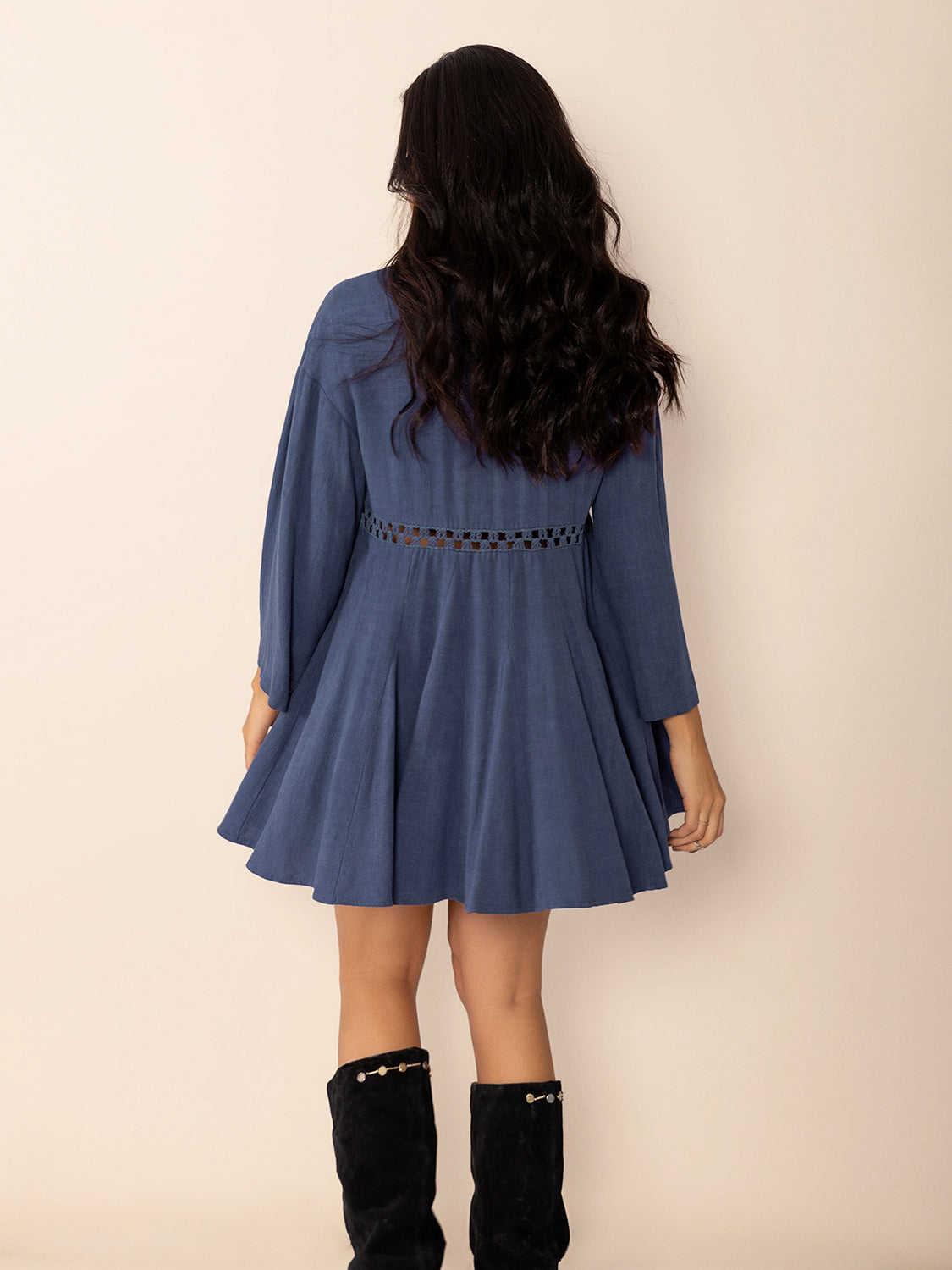 Dusty Blue Long Sleeve Mini Dress Elegant Cutout & Buttoned Design Lig