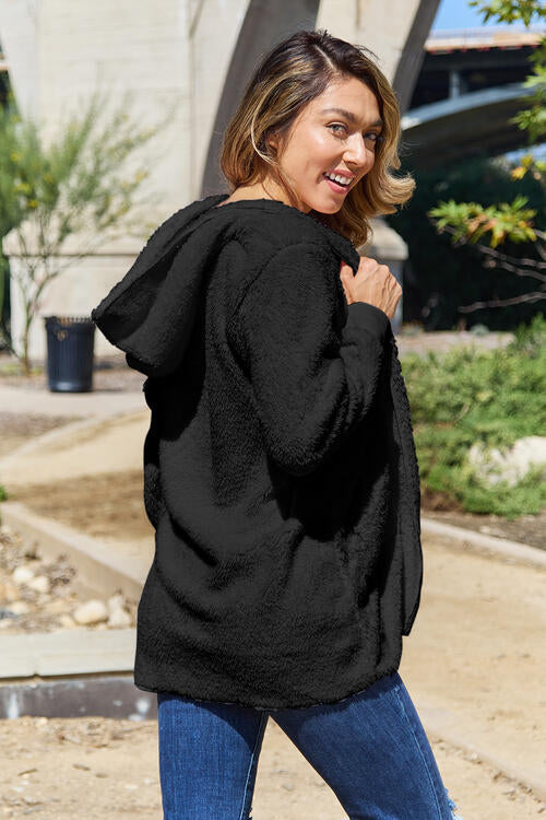 Women Full Size Teddy Hooded Jacket with Pockets Cozy Casual Jacket Comfortable Women Jacket