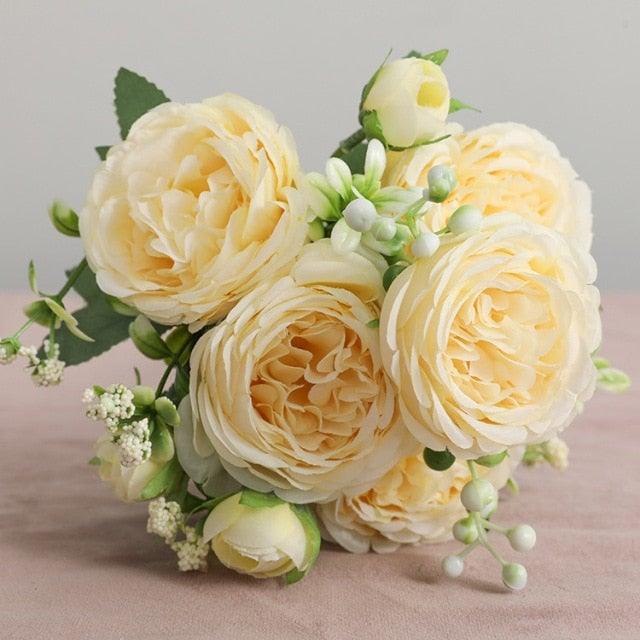 Beautiful Rose Peony Artificial Silk Eucalyptus Fake Flowers Small bouquet Flores Home Party Spring Wedding Decoration Artificial Silk Rose Flower Bouquet Lifelike Fake Rose for Wedding Home Party Decoration Event Gift