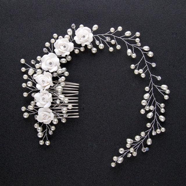 Bridal Wedding Crystal Bride Hair Accessories Pearl Flower Headband Handmade Hairband Beads Decoration Hair Comb Gorgeous Hair Accessories For Women