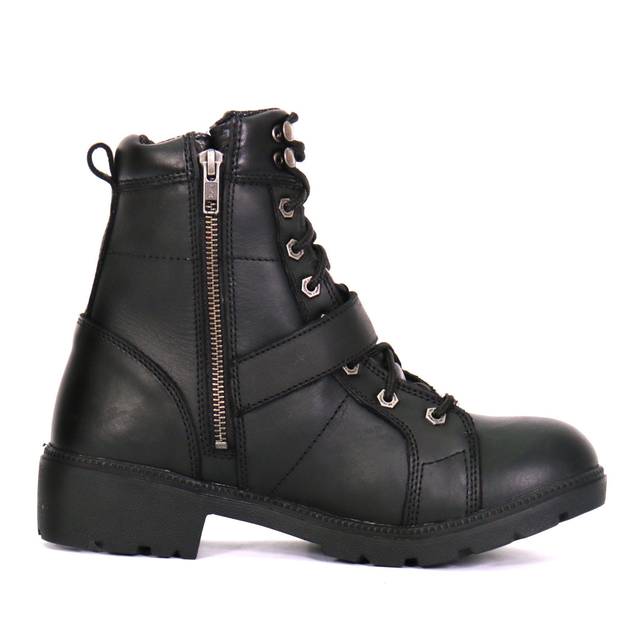 Ladies 6-inch Black Lace-Up Leather Boots with Buckle Strap BTL1004