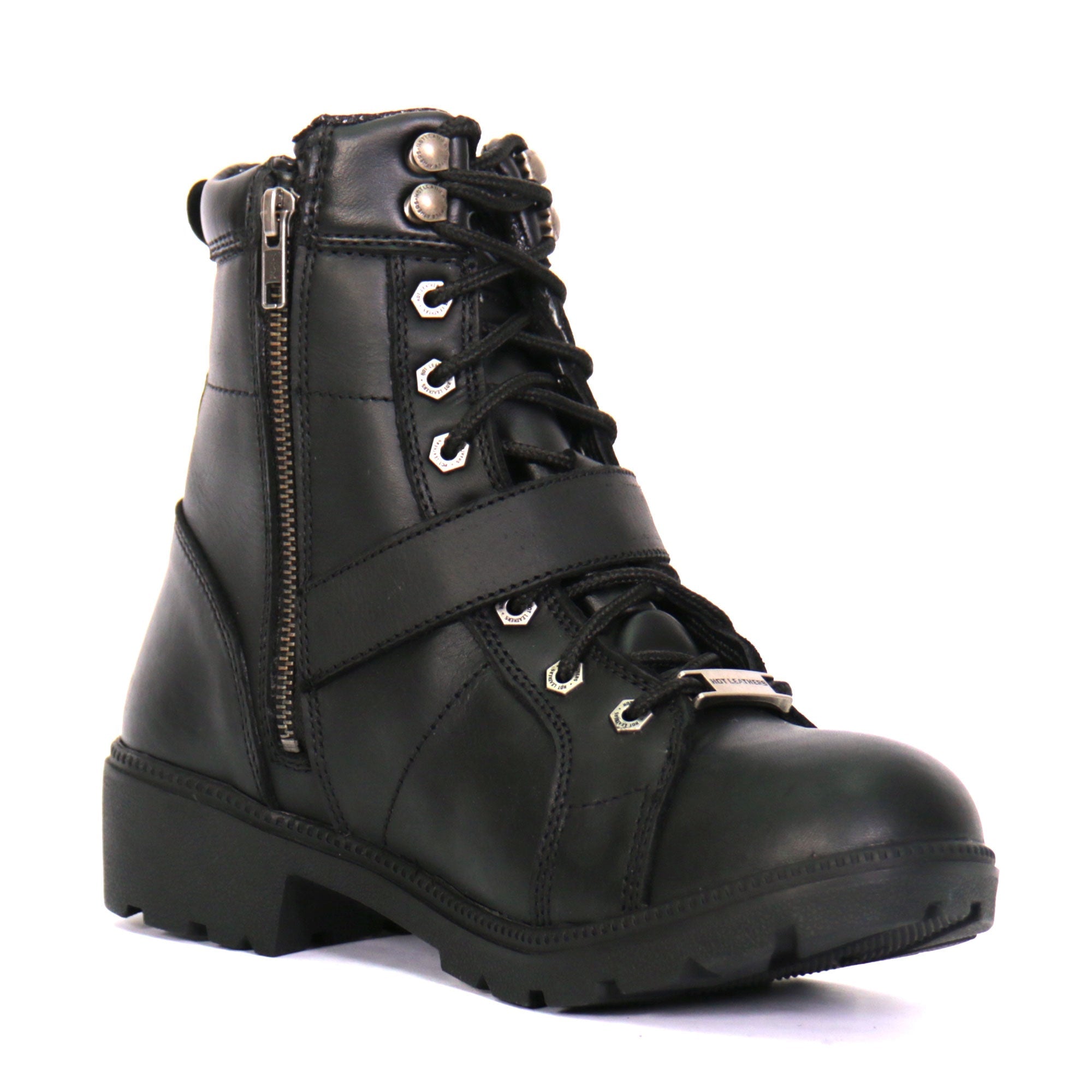 Ladies 6-inch Black Lace-Up Leather Boots with Buckle Strap BTL1004
