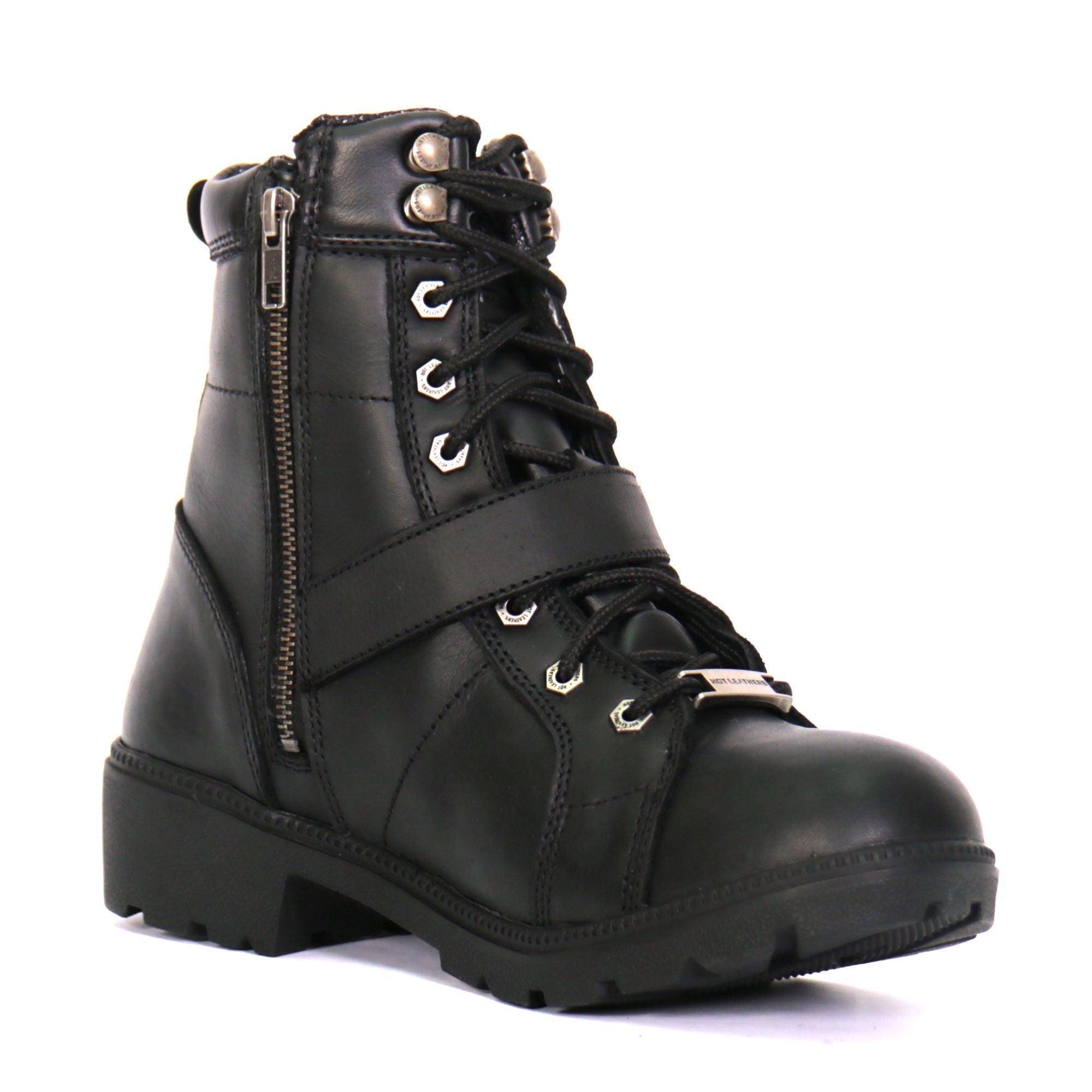 Ladies 6-inch Black Lace-Up Leather Boots with Buckle Strap BTL1004