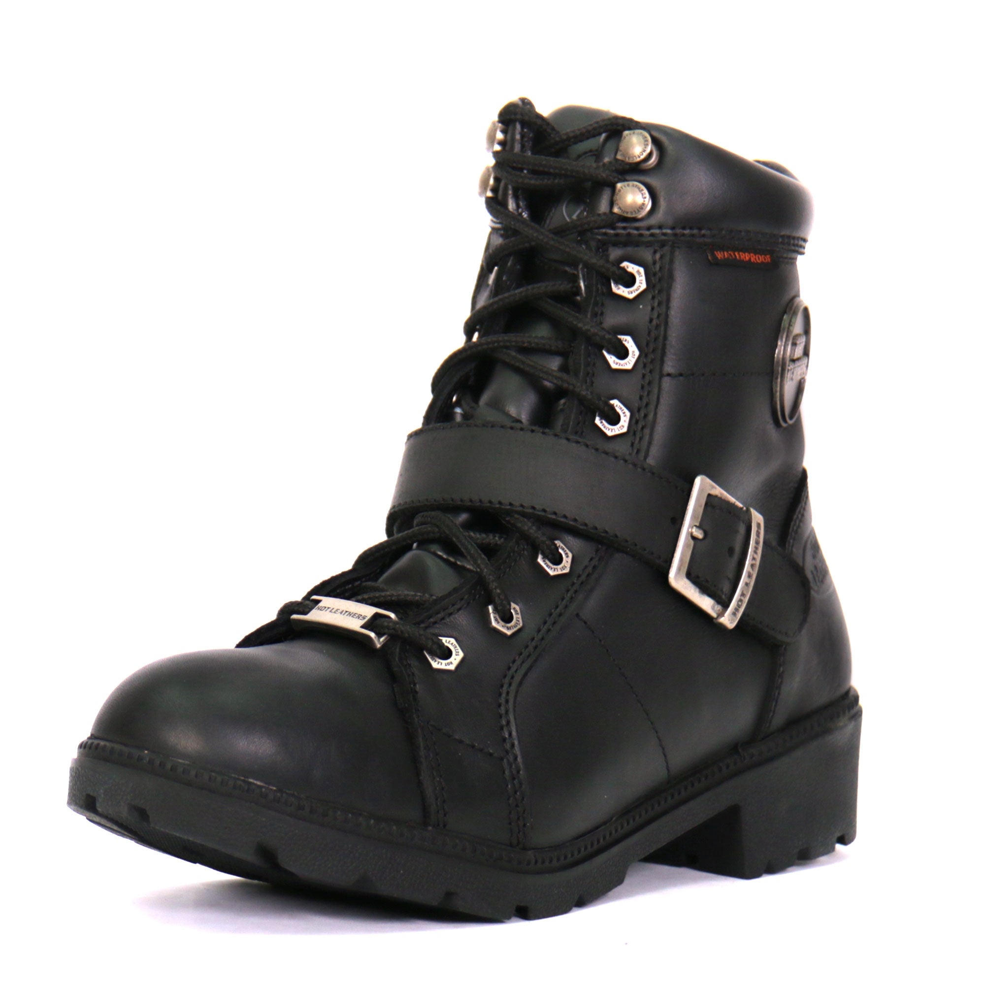 Ladies 6-inch Black Lace-Up Leather Boots with Buckle Strap BTL1004