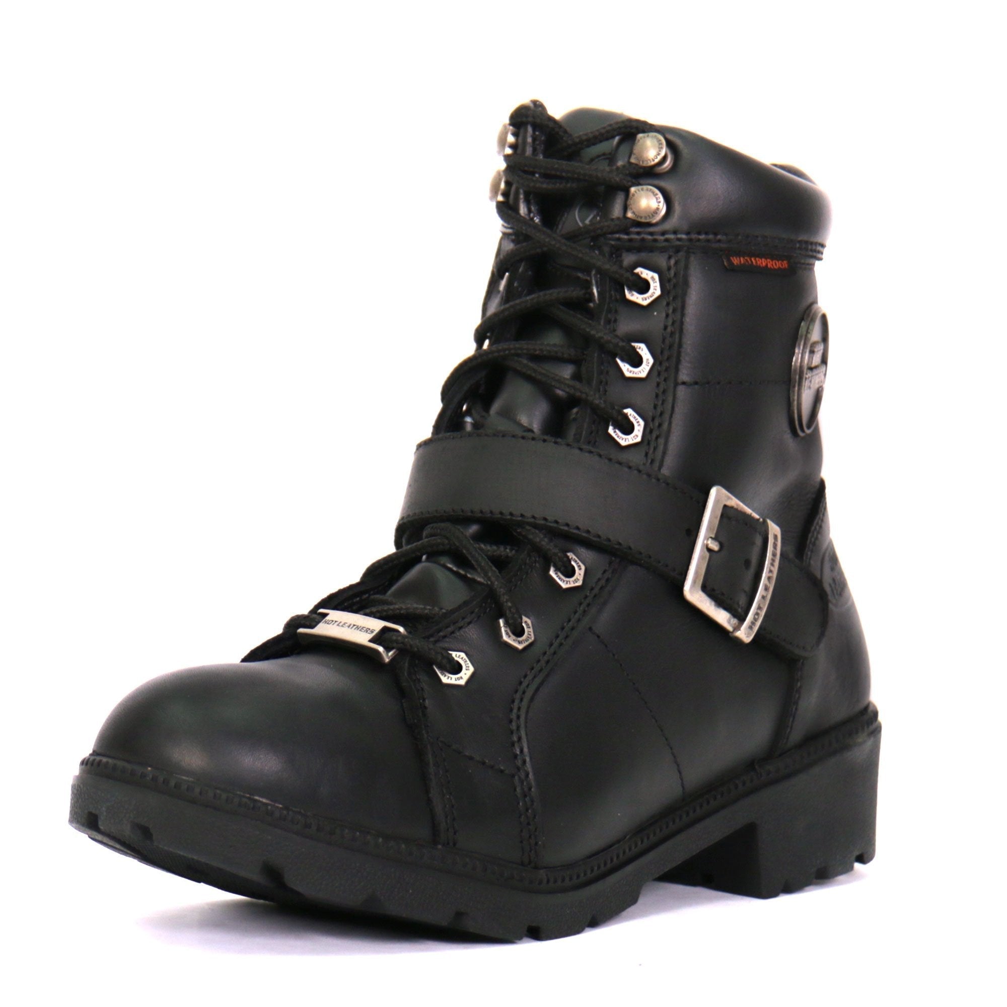 Ladies 6-inch Black Lace-Up Leather Boots with Buckle Strap BTL1004