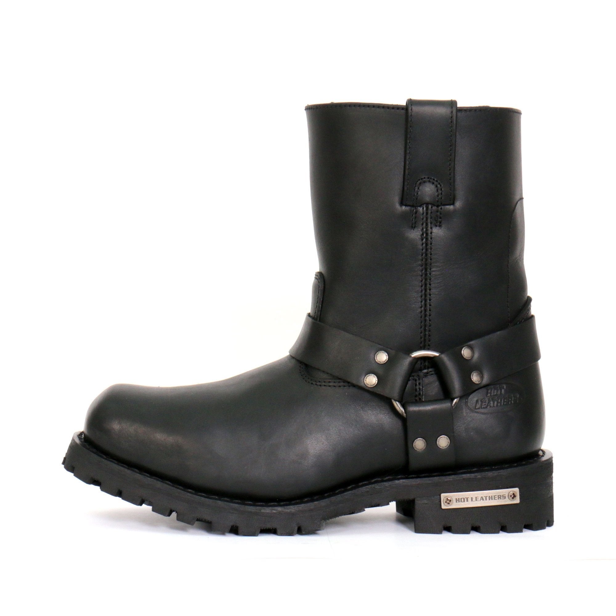 Men's Black 8-inch Short Harness Leather Boots with Lug Sole BTM1004