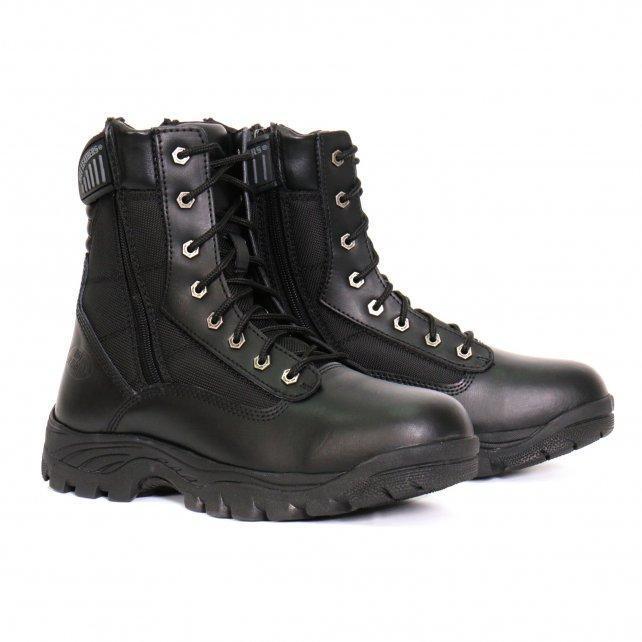 Men's Black Leather Swat Style Lace Up Boots with Zippers BTM1012