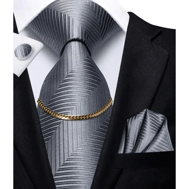 Business Black Silk Necktie Chain Classic Tie Square Handkerchief Elegant Cufflink Wedding Formal Neckties For Men