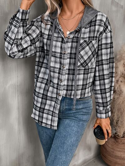 Plaid Buttoned Long Sleeve Hooded Jacket for Women – Cozy & Stylish Cotton-Blend Outerwear