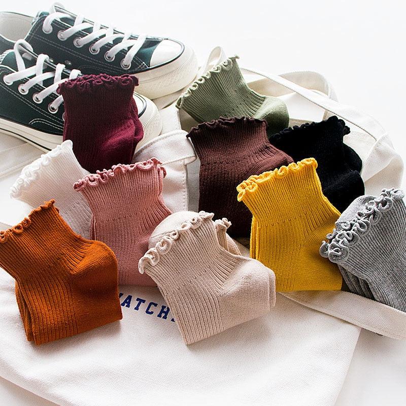 Candy High Quality Lace Solid Color Cute Sweet Girl Fashion Socks Pure Cotton Wood Ear Light Mouth Cotton Novelty Socks Unisex Crew Socks For Men And Women