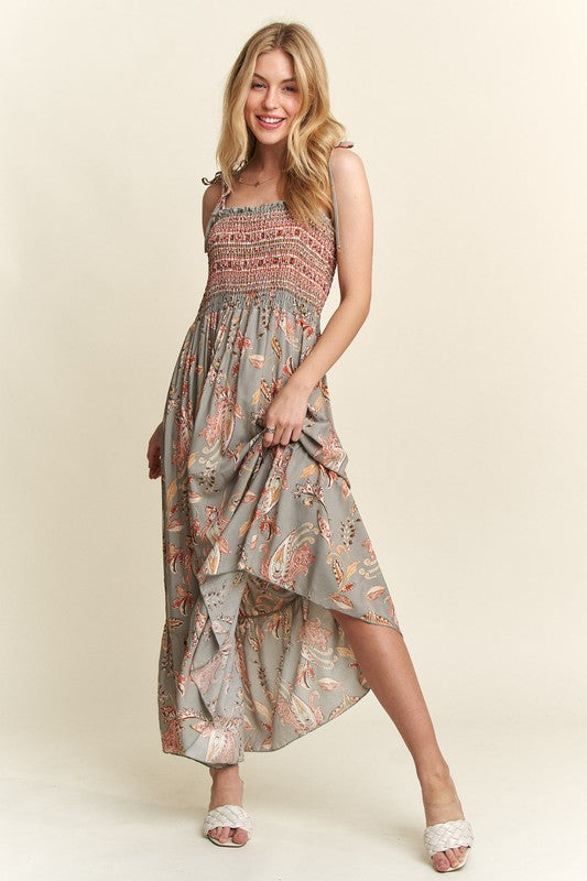 Smocked Printed Square Neck Tie Shoulder Cami Dress For Women – Trendy Smocked Cami Dress with Square Neckline, Tie Shoulders, and Playful Print for a Chic Summer Look