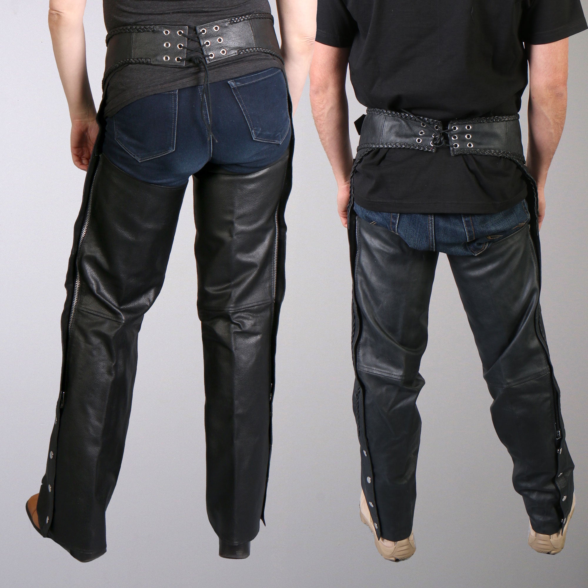 CHM1003 Black Heavyweight Motorcycle Braided Uni-Sex Leather Biker Chaps