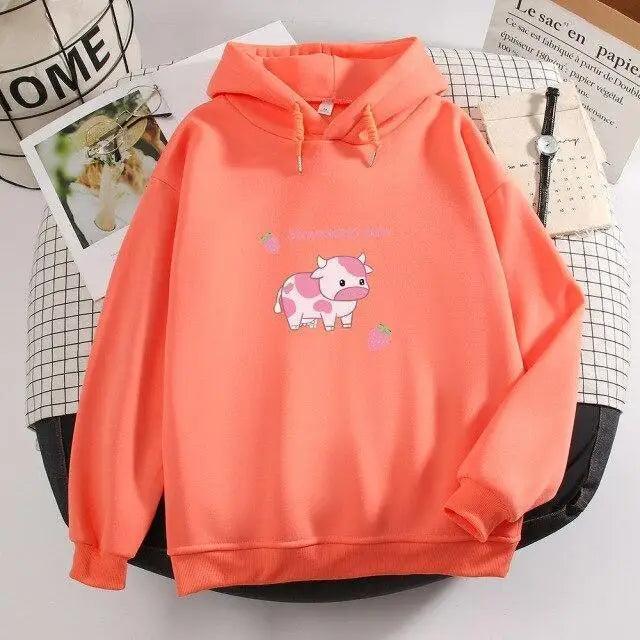 Cool Cow Print Hoodie Strawberry Casual Pullover Oversized Sweatshirt Pullover Sweatshirts for Women Cute Strawberry Cow Print Hoodie Casual Top Aesthetic Clothes For Women Funny Hoodies