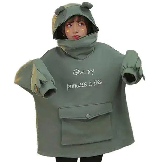Cool Women Hoodie Perfect Sleeping Frog Pullover Winter Sense Hooded Modern Casual Sweatshirts Cute Funny Style Comfortable Frog Pullover Hoodie For Women