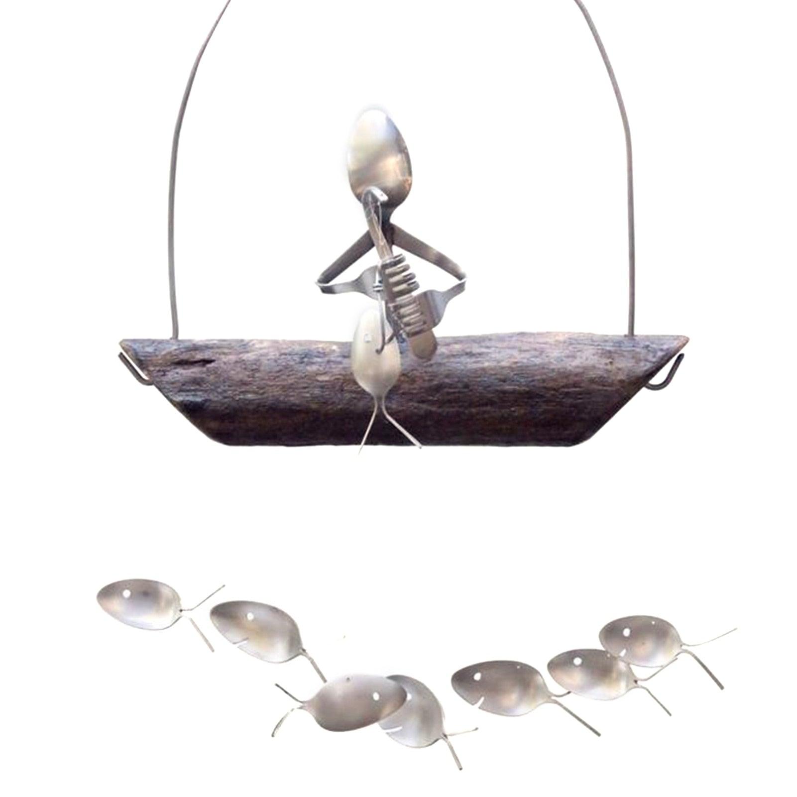 Creative Fishing Man Spoon Fish Sculptures Wind Chime Home Bedroom Painted Fish Mobile Tropical Fish Home Decor  Yard Garden Hanging Ornament Decoration