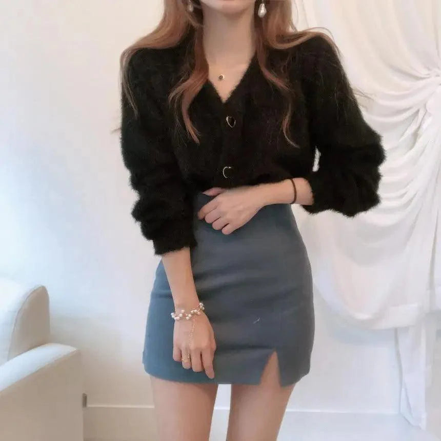 Cute Kitty Chic Fashionable V-Neck Single Breasted Mink Short Knitted Sweaters Outerwear For Women Autumn Long Sleeve Sweater Coat