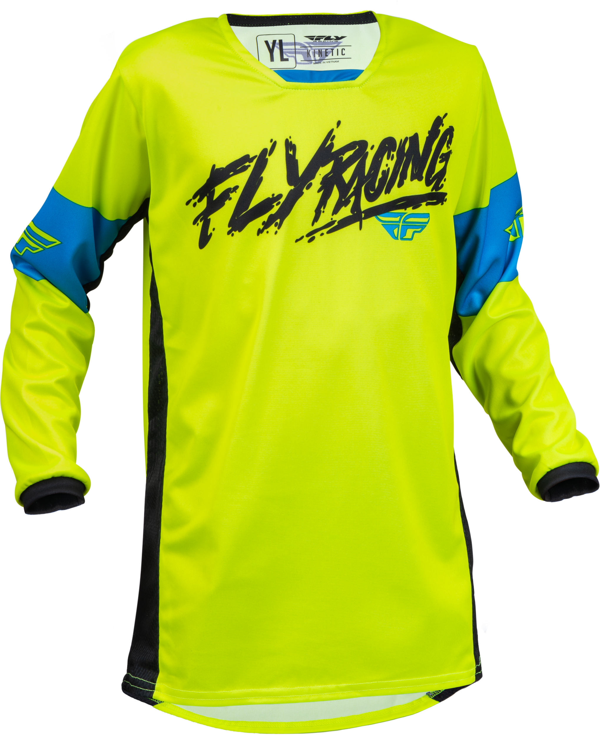 Fly Racing Youth Kinetic Khaos Jersey Hi-Vis/Black/Cyan Yx 376-422YX