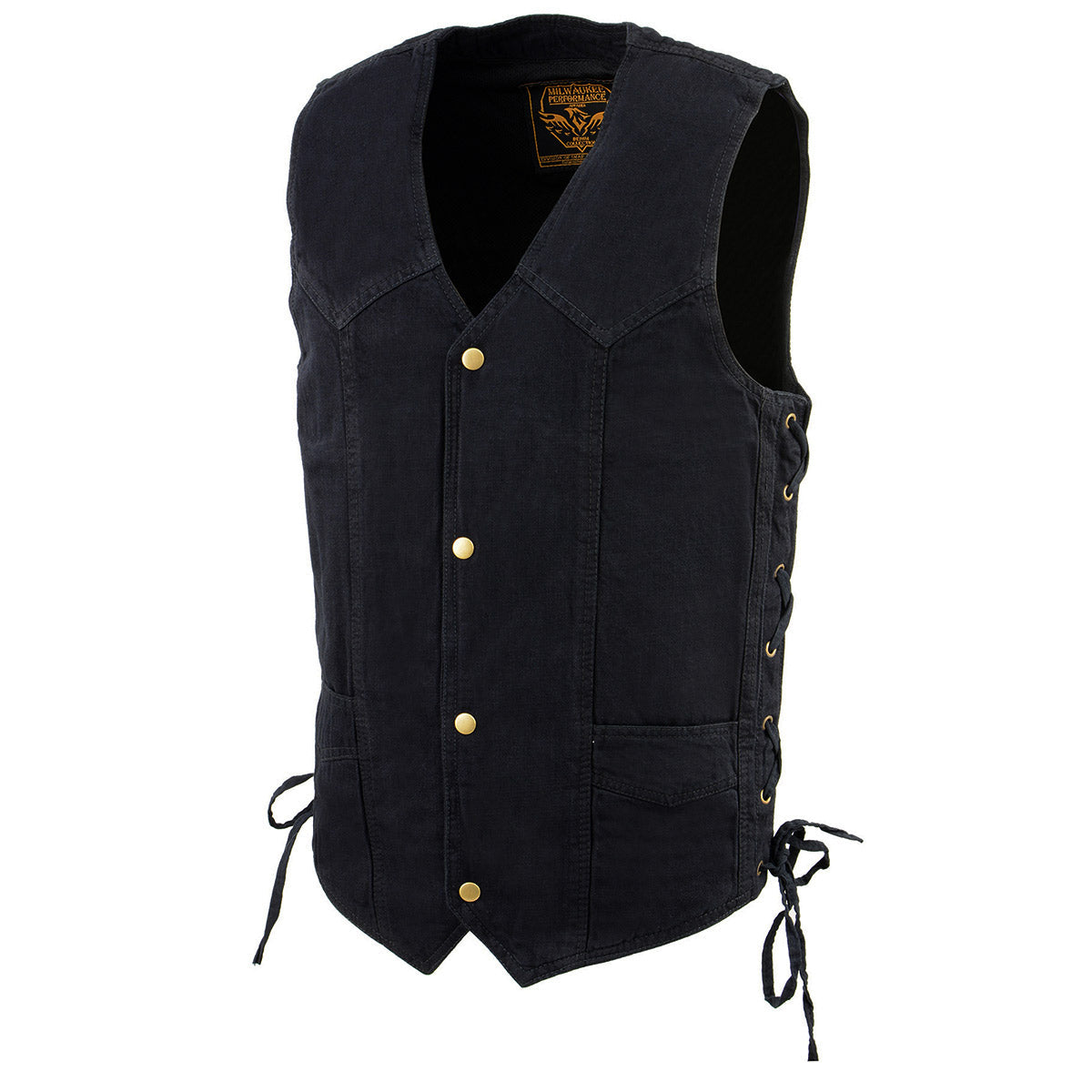 DM1315 Men's Black Classic Denim Western Style Cowboy Biker Vest with Adjustable Side Laces