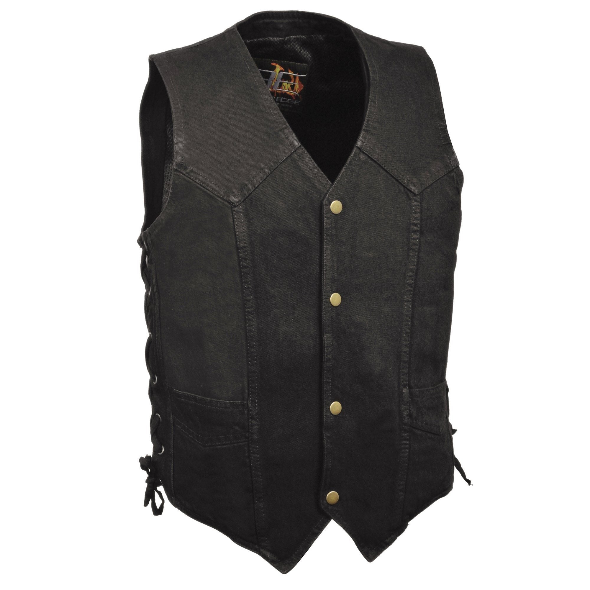 DM1315 Men's Black Classic Denim Western Style Cowboy Biker Vest with Adjustable Side Laces