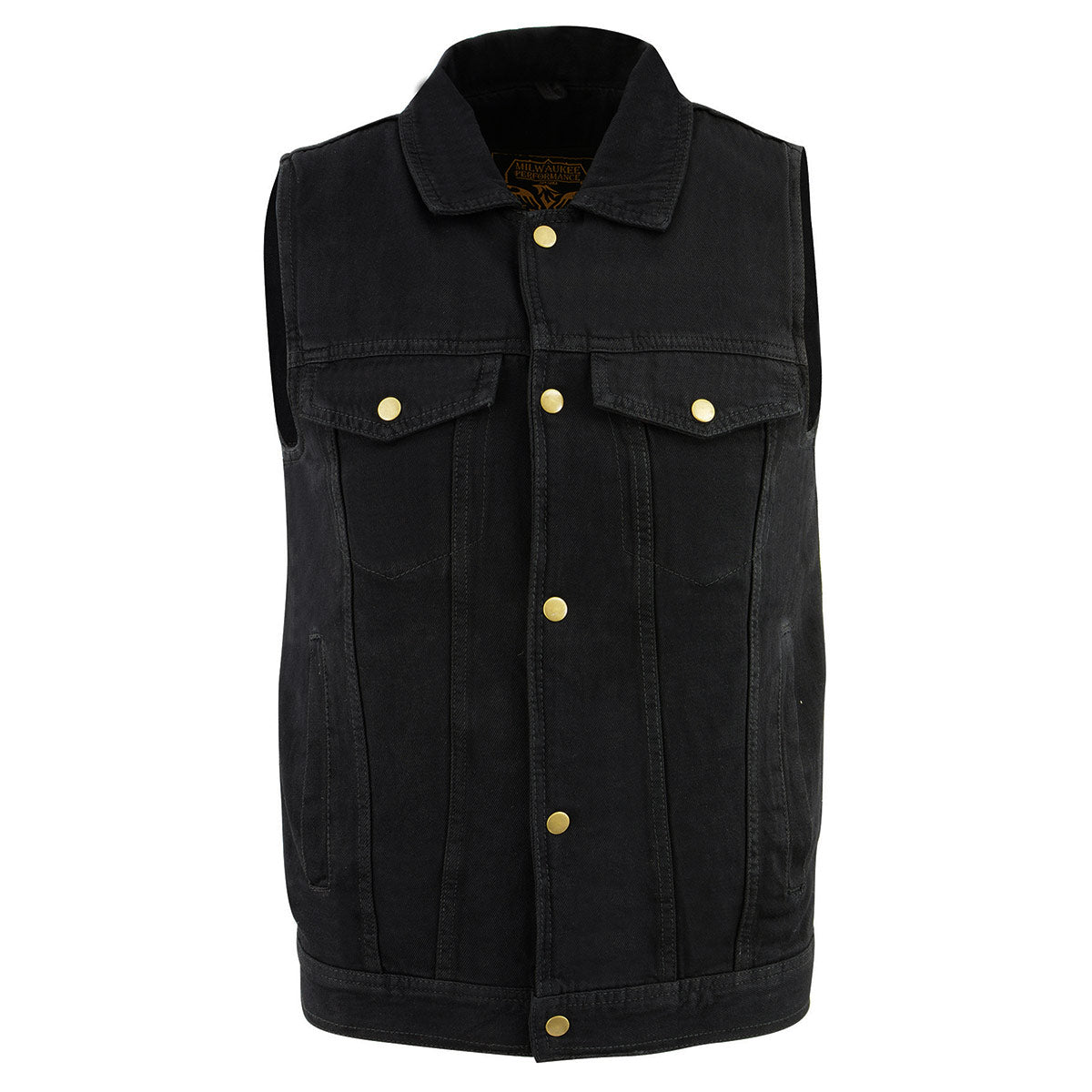 DM1331 Men's Black Denim Motorcycle Biker Riders Vest w/ Shirt Style Collar