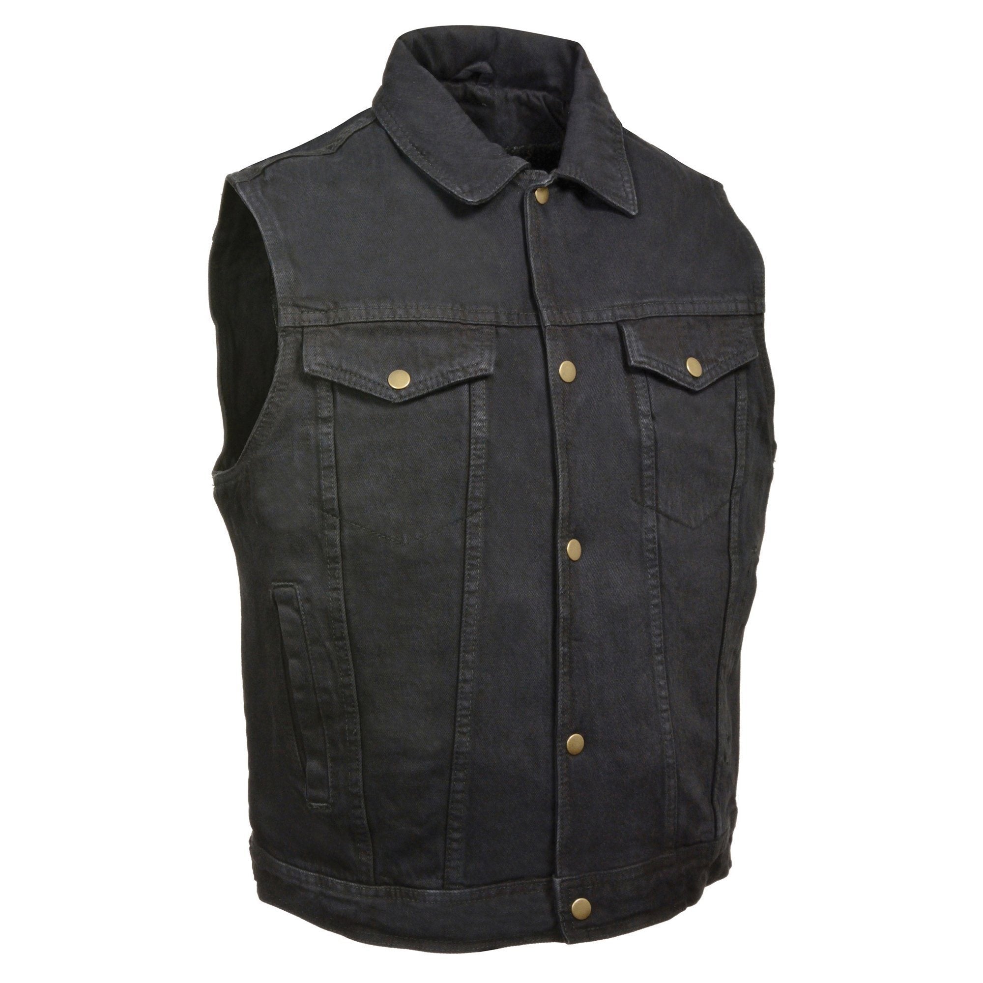 DM1331 Men's Black Denim Motorcycle Biker Riders Vest w/ Shirt Style Collar