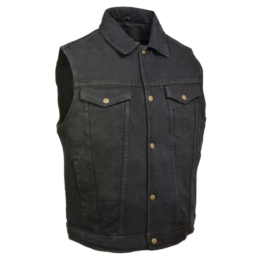 DM1331 Men's Black Denim Motorcycle Biker Riders Vest w/ Shirt Style Collar