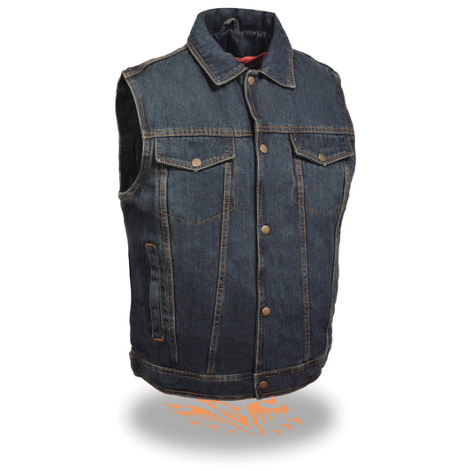 DM1331 Men's Blue Denim Motorcycle Biker Riders Vest w/ Shirt Style Collar
