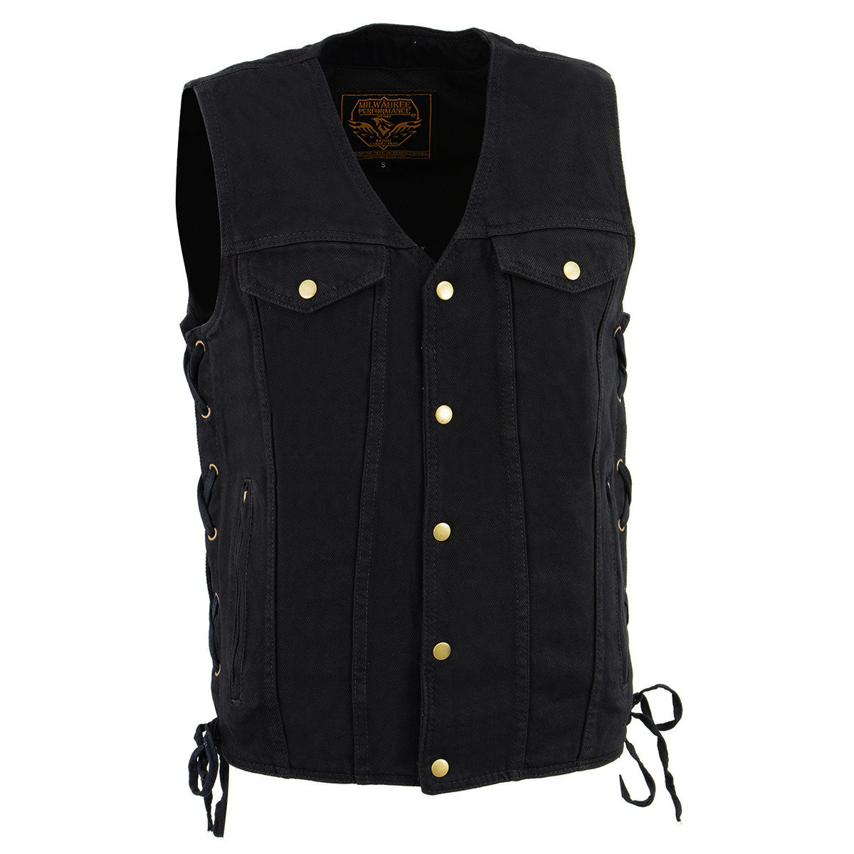 DM1360 Men's Classic Black Denim Motorcycle Biker Riders Vest w/ Adjustable Side Laces